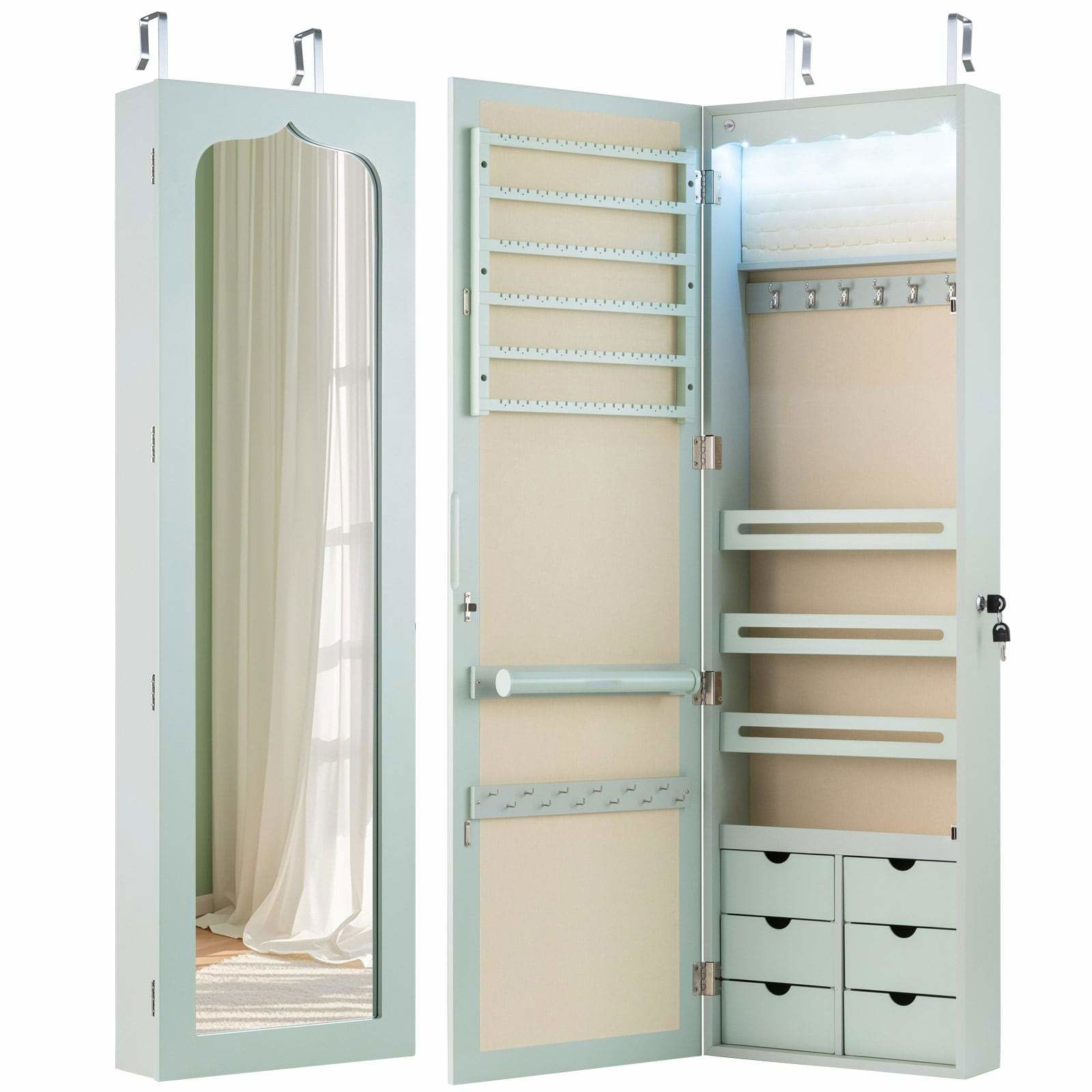 Smyckesskåp med spegel och LED-lampor – Låsbart, Grönt | Hem & Hobby | Pryloteket