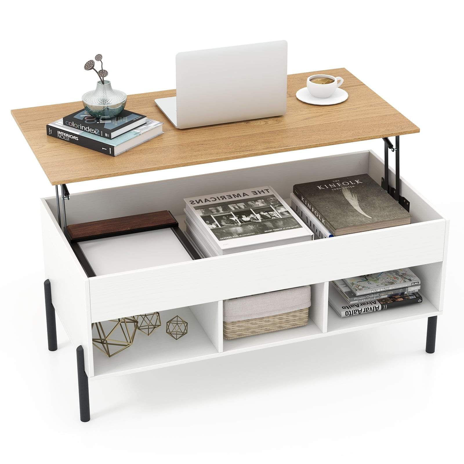 Soffbord med justerbar höjd – lyftbar topp, 3 öppna hyllor, vitt | Hem & Hobby | Pryloteket