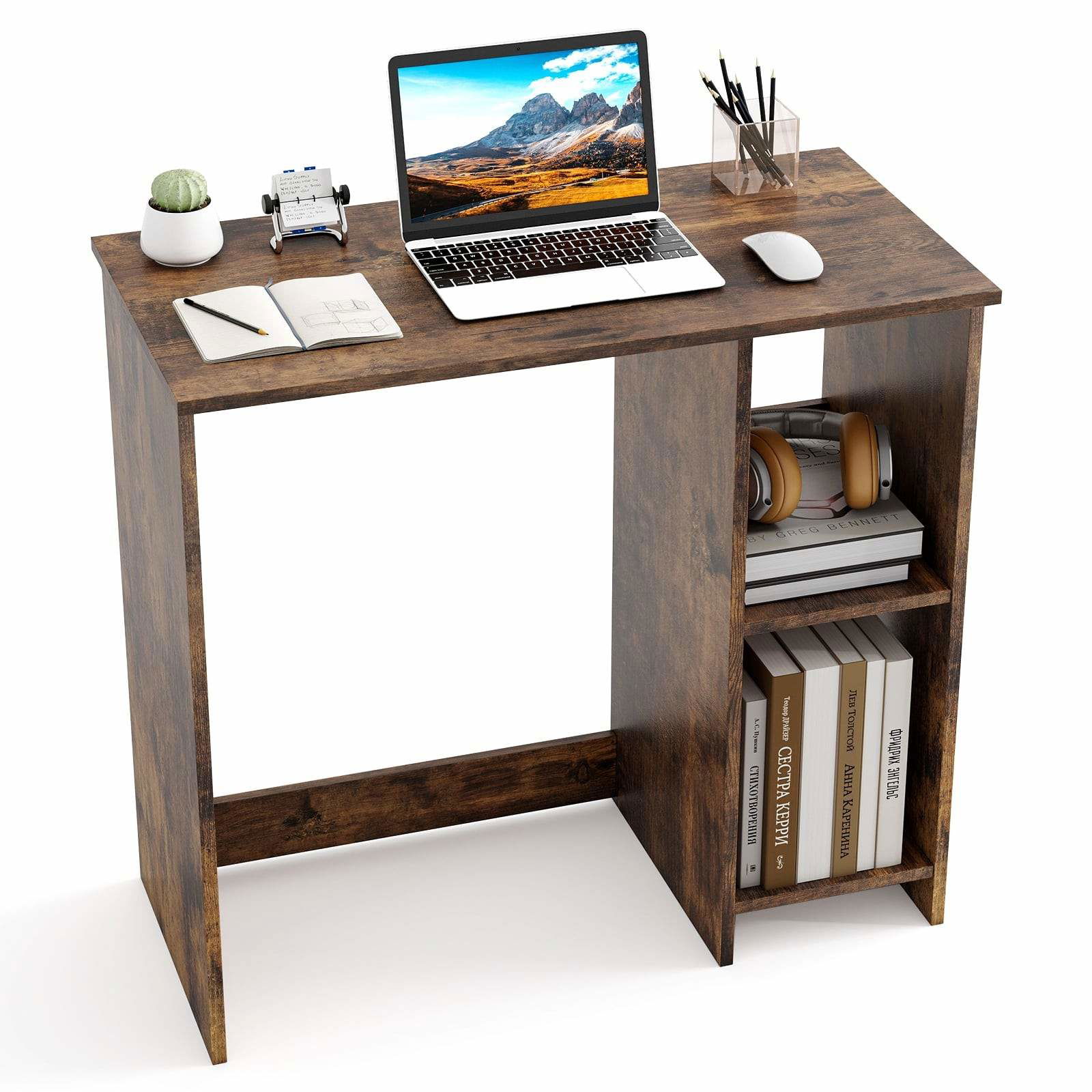 Kompakt skrivebord med 2 hylder – 80 x 40 x 74 cm, brun