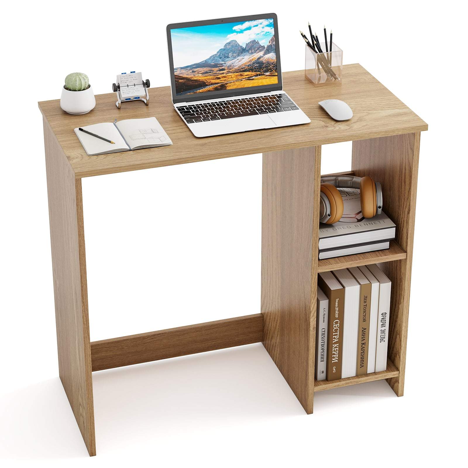 Kompakt skrivebord med 2 hylder – 80x40x74 cm, naturlig finish