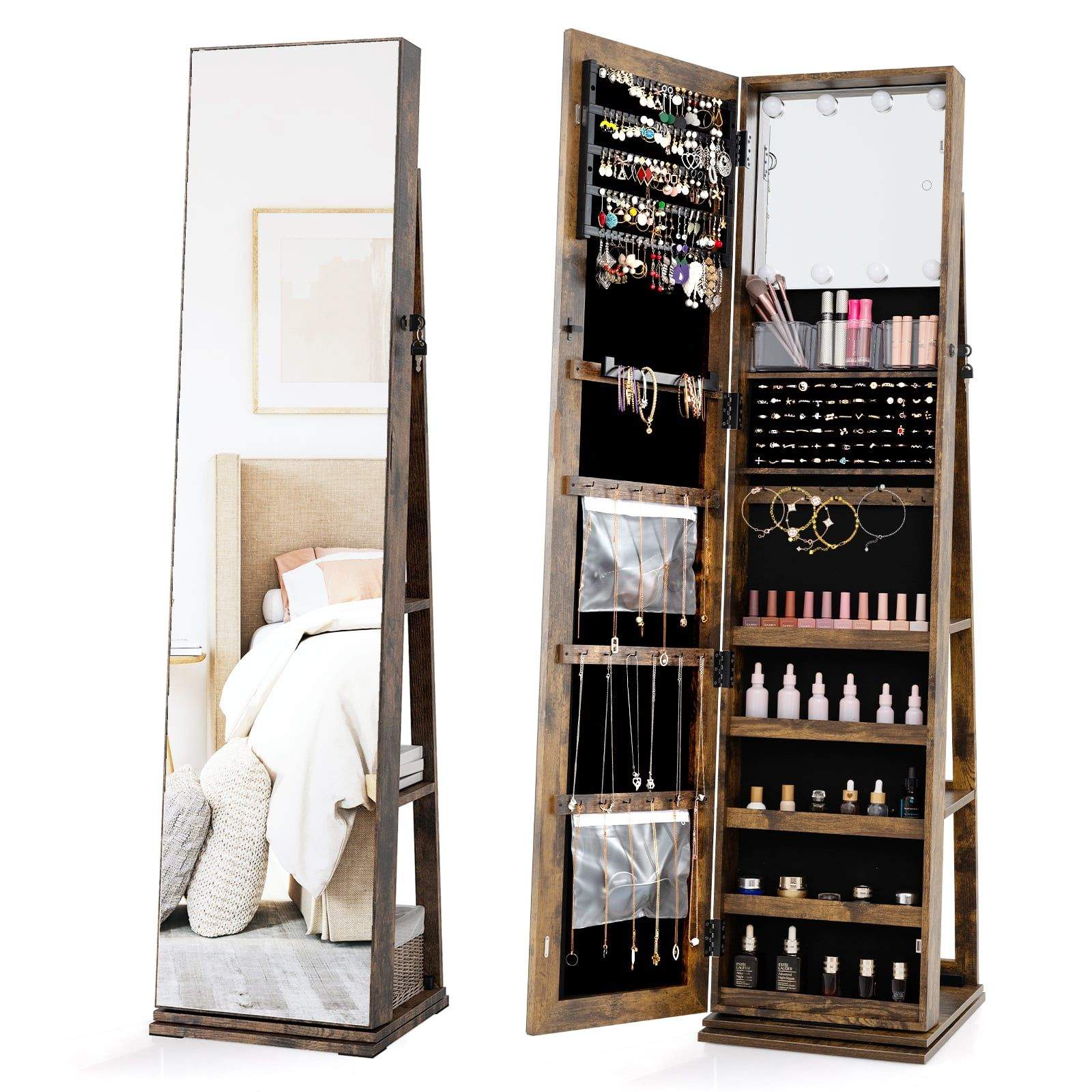 360 grader roterende smykkeskab med spejl og opbevaringshylder