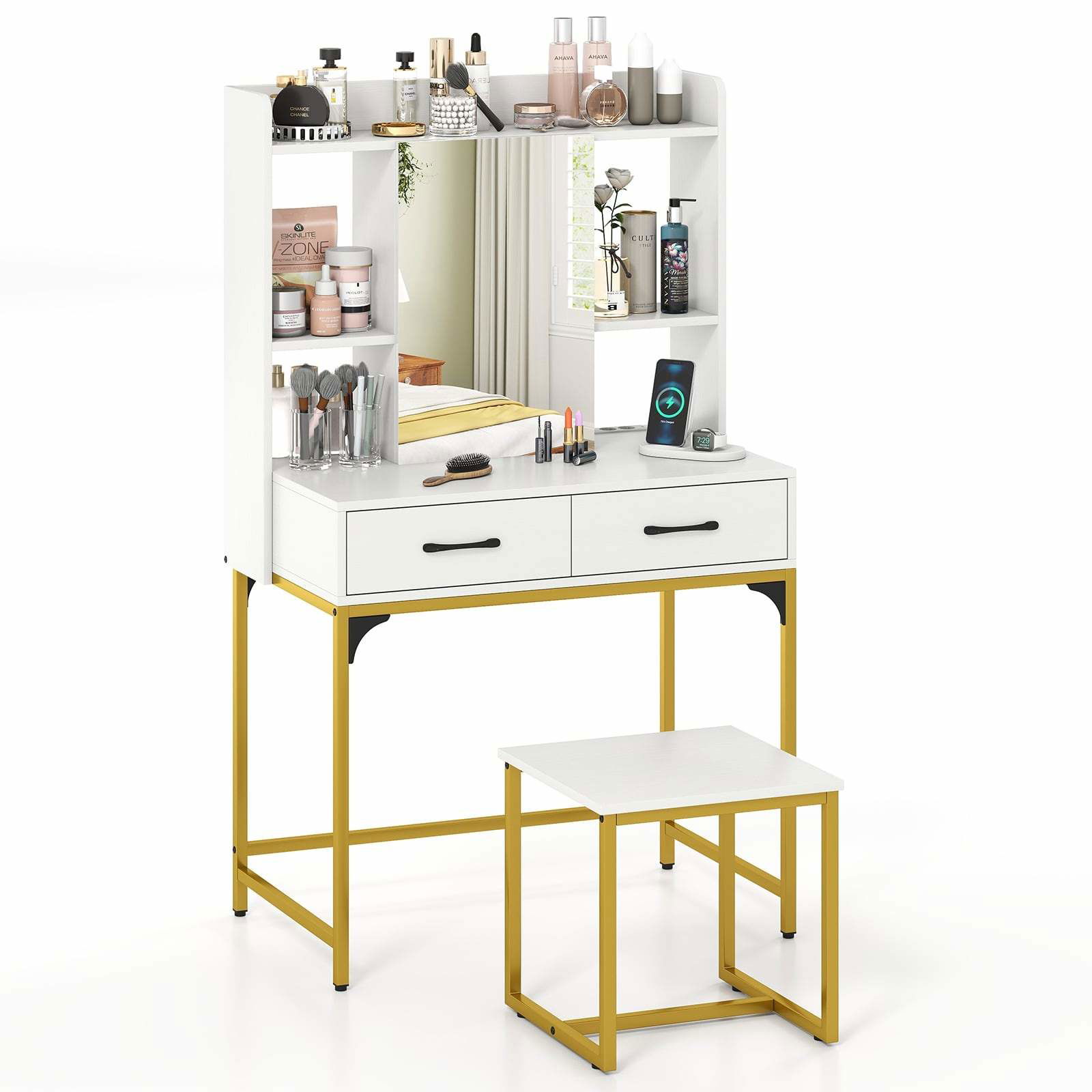 Sminkebordsæt med spejl, ladestation og opbevaring