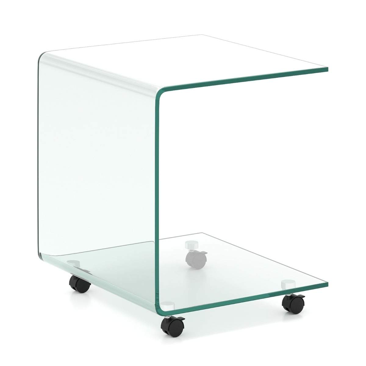 C-formet sidebord i glas med hjul – pladsbesparende design