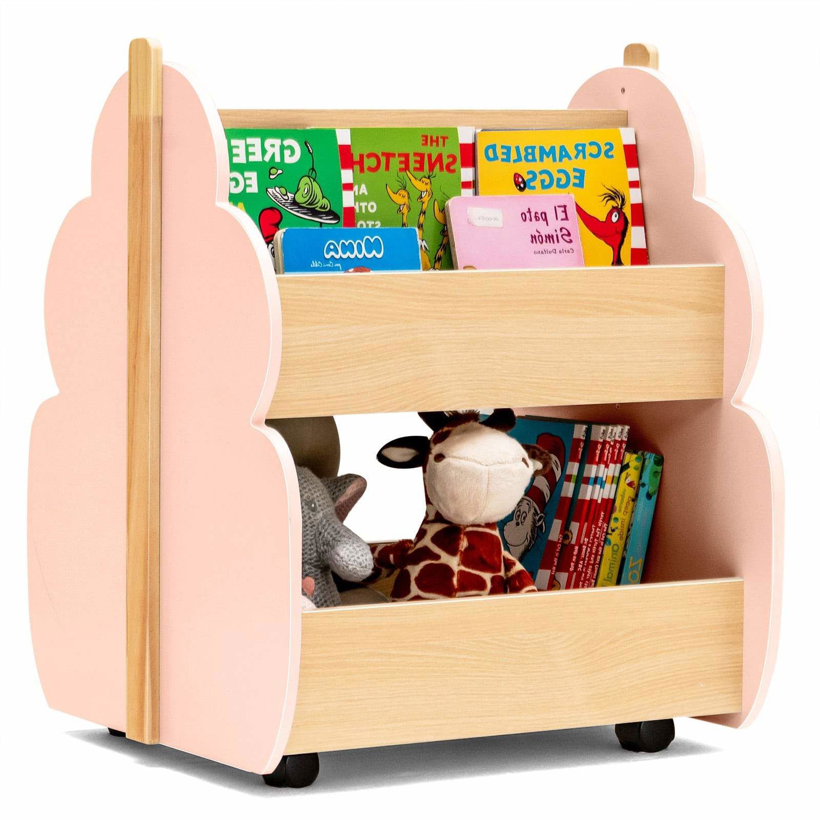 Børnebogreol i træ med hjul – 2-lags lyserød opbevaring