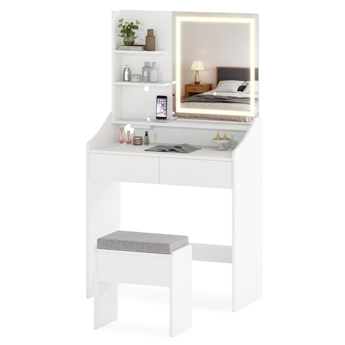 Sminkbordsset med LED-spegel och förvaringspall | Hem & Hobby | Pryloteket