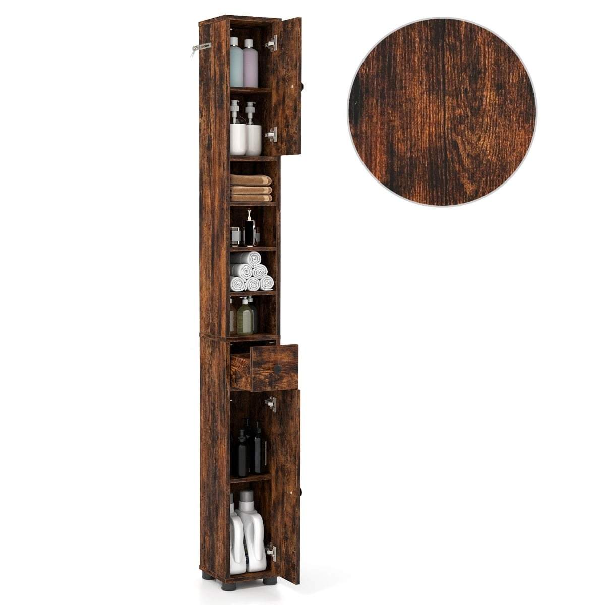 Slankt badeværelsesskab – justerbare hylder og skuffe, MDF brun