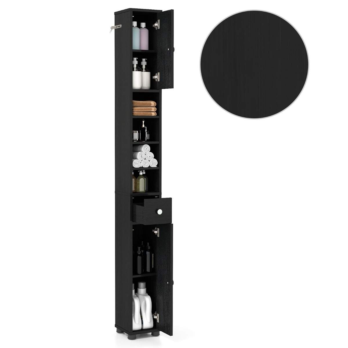 Slankt badeværelsesskab – justerbare hylder, sort MDF