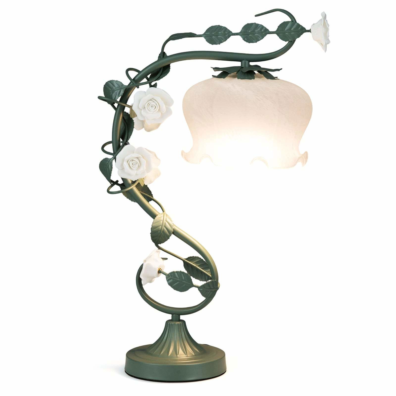 Vintage Natbordslampe – Lily Glasskærm & Keramiske Roser