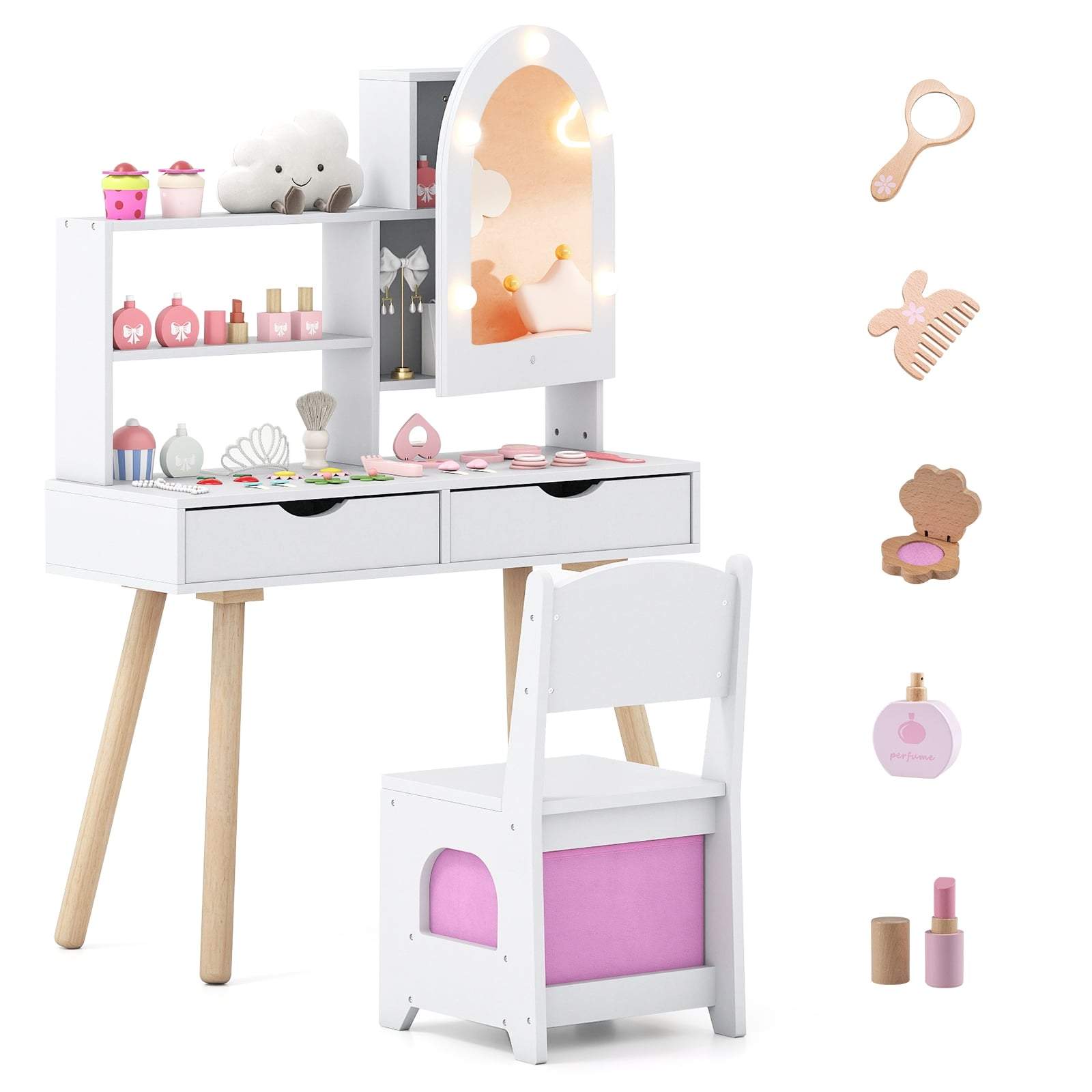 Barnens sminkbord – LED-spegel, förvaring och stol | Hem & Hobby | Pryloteket