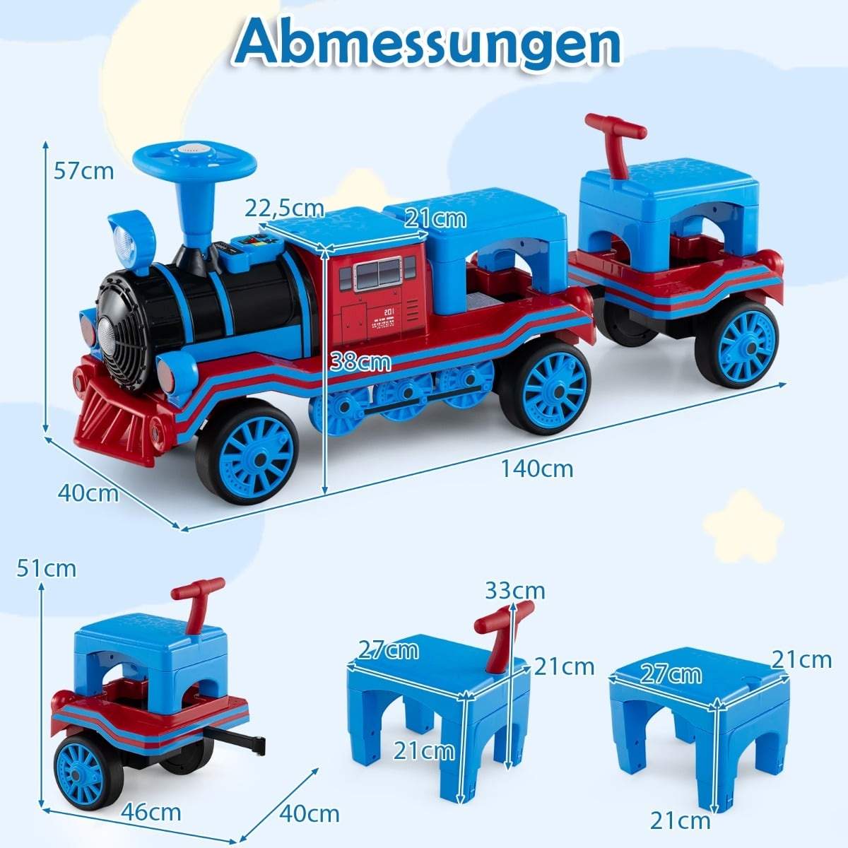 3-personers elektrisk togsæt til børn – 12V, aftagelige sæder