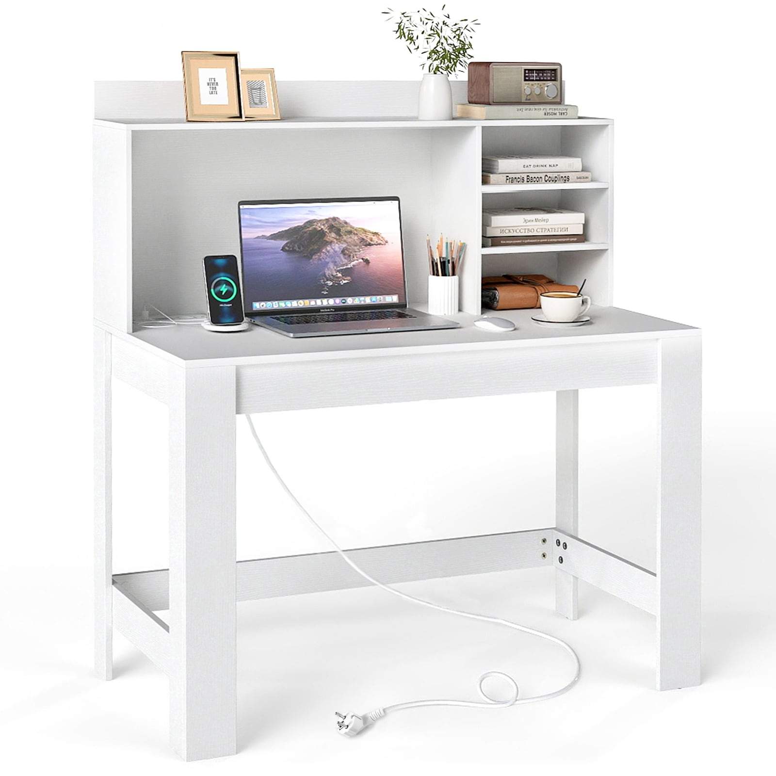 Hvidt computerbord med skuffe – Indbygget strøm og kabelhåndtering