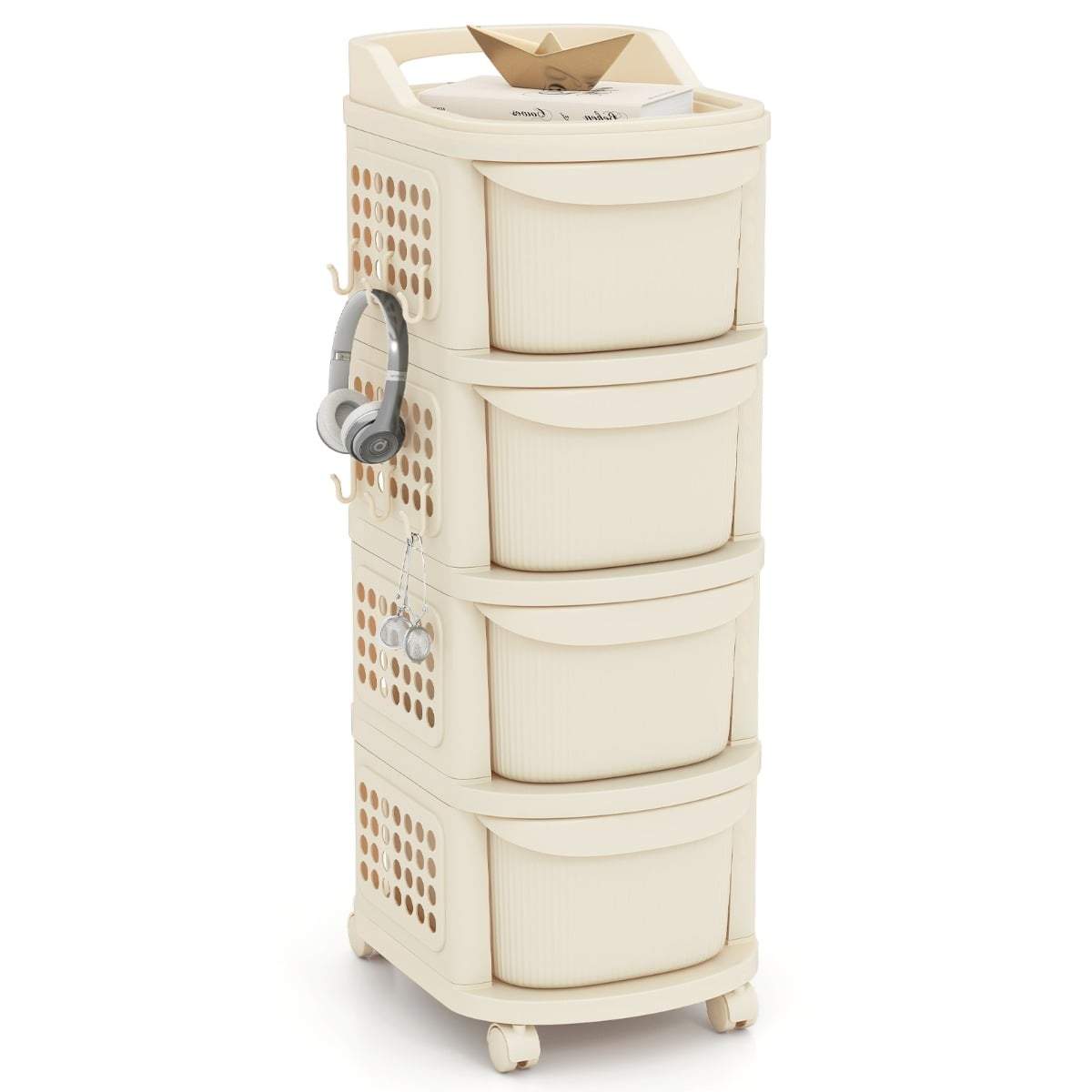 Smal rullende vogn – 4 skuffer, hulplade, kroge