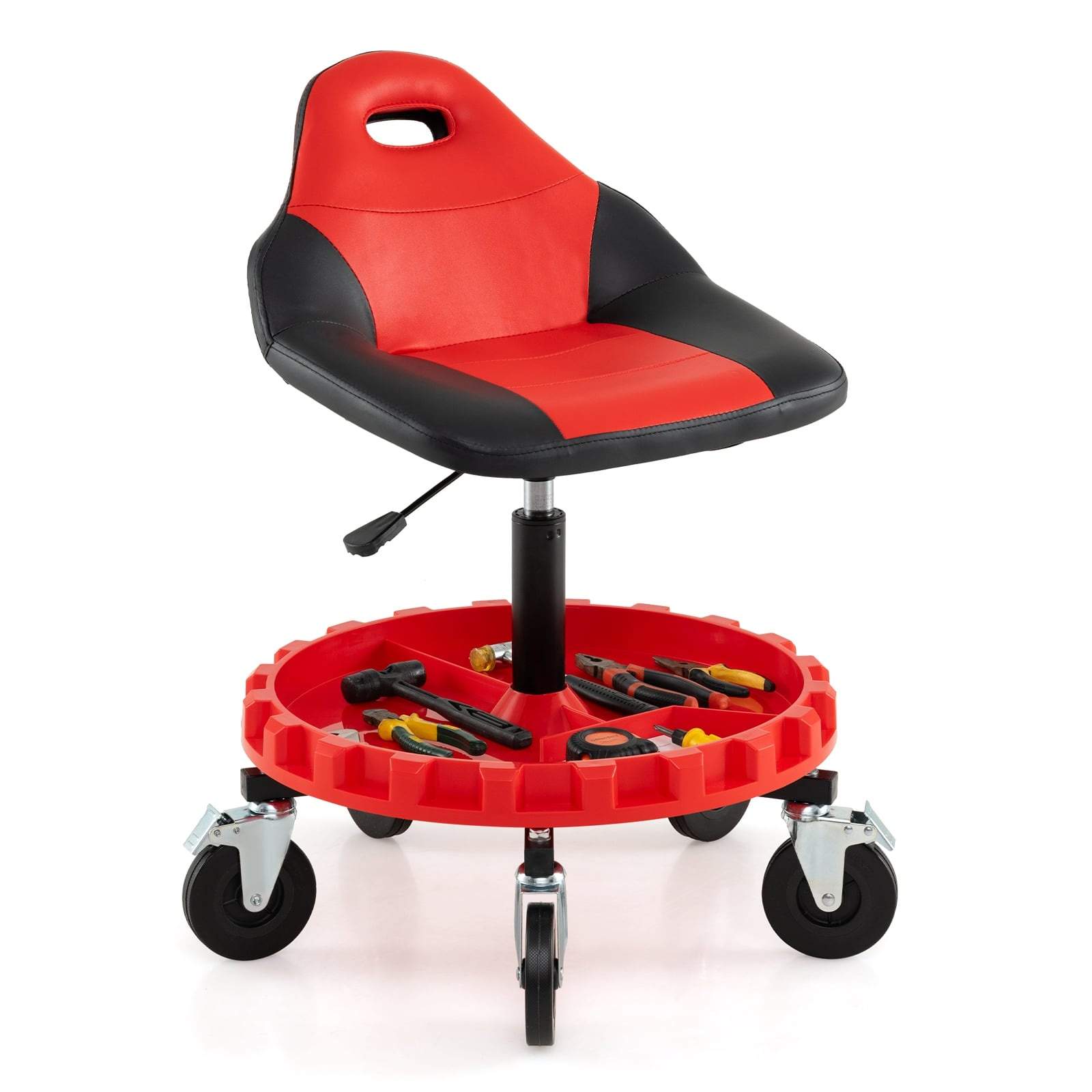 Justerbar mekanikerskammel med værktøjsbakke – rød, 71-83 cm