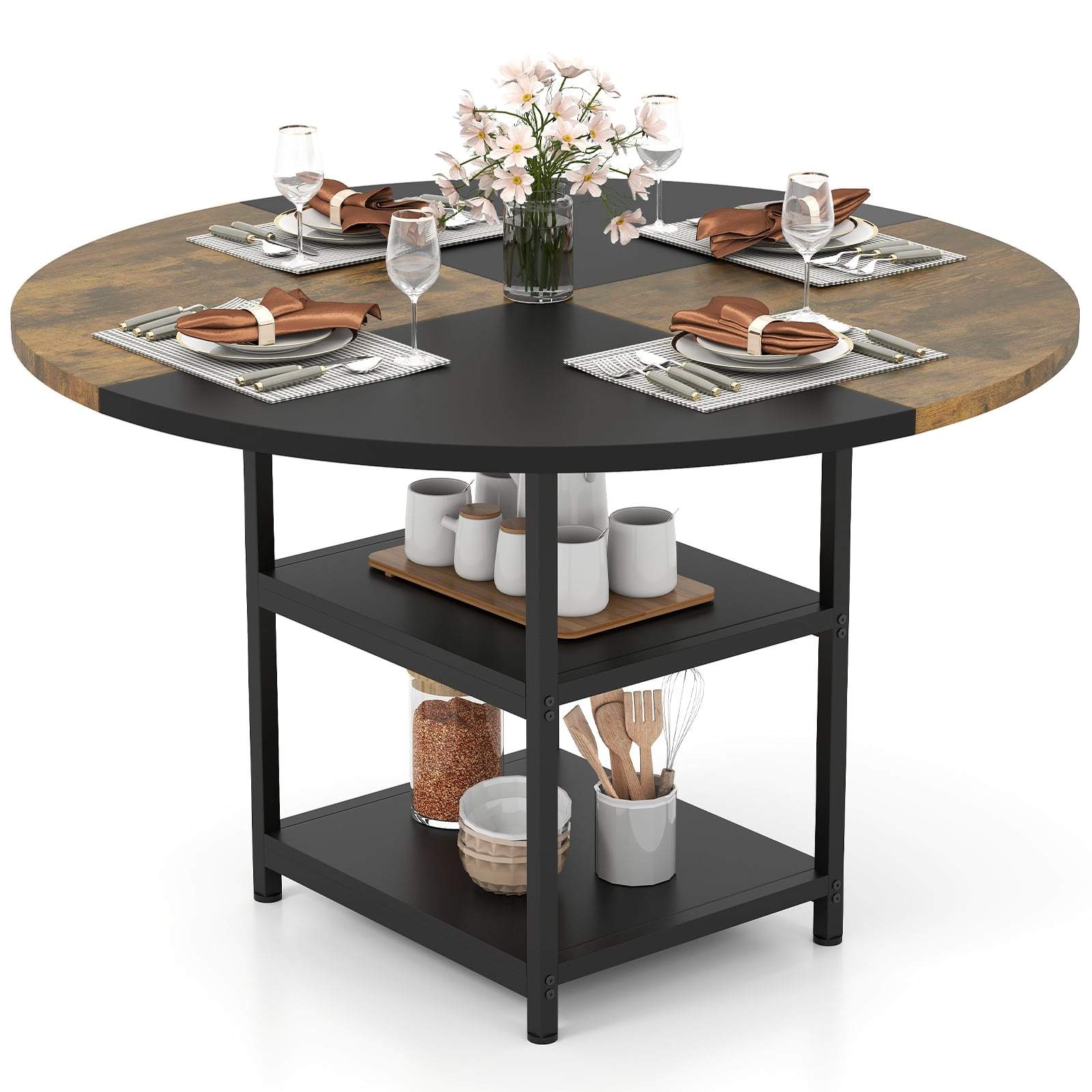 Rundt spisebord, 120 cm – Plads til 4-6, tofarvet, opbevaringshylder