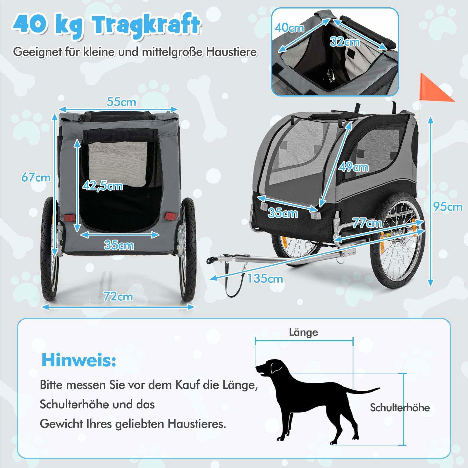 Cykeltrailer til kæledyr – Sammenklappelig, 40 kg kapacitet, grå