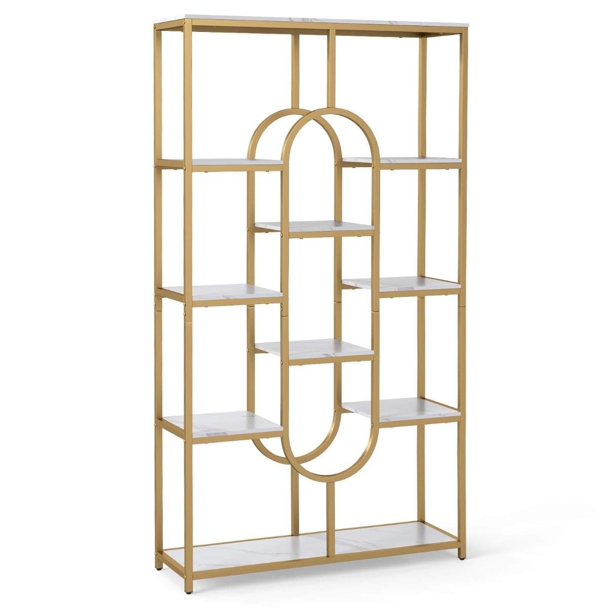 5-etagers hvid & guld bogreol – ovalt design, åben opbevaring