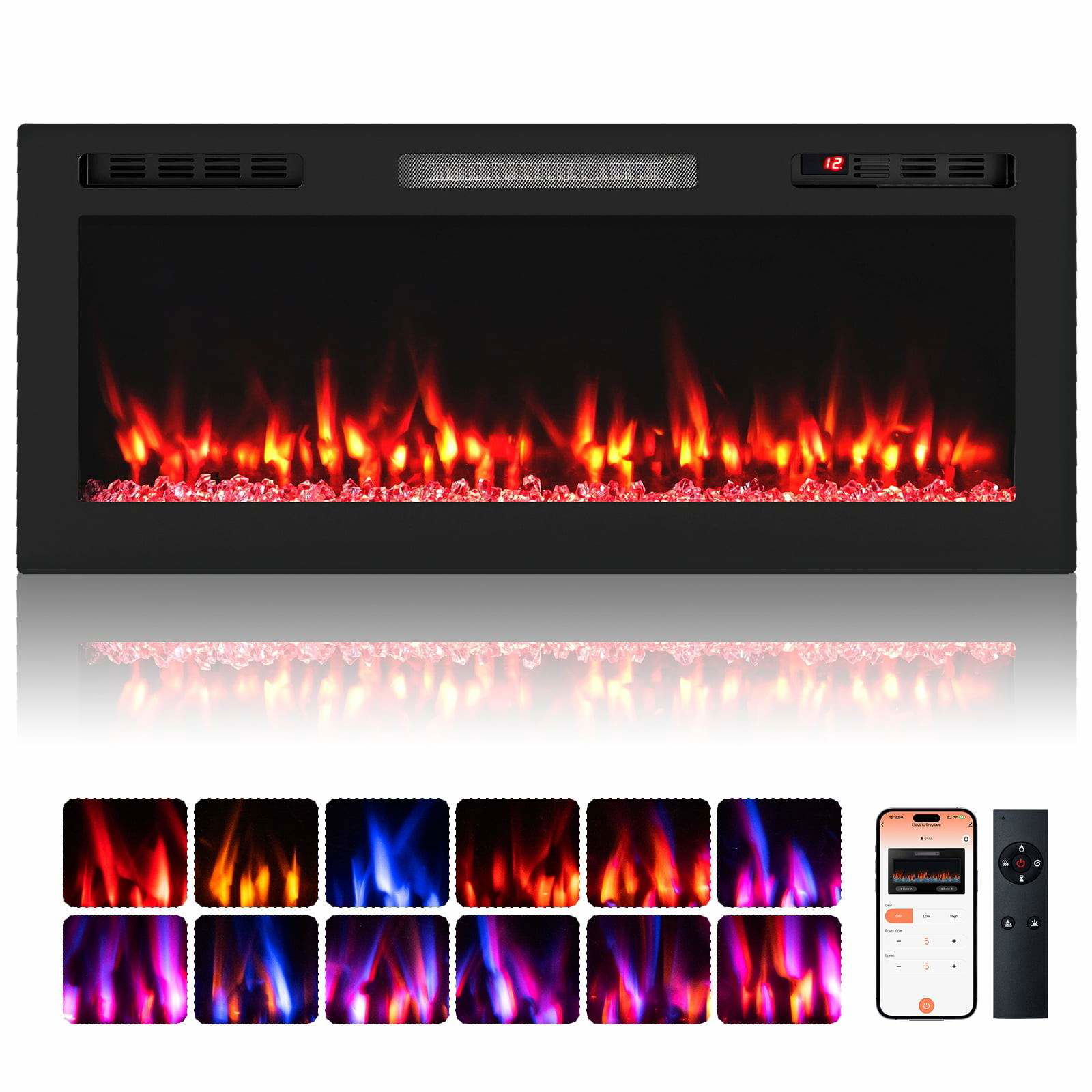 42" elektrisk pejs – Smart styring, dobbelt varme, 12 flammefarver