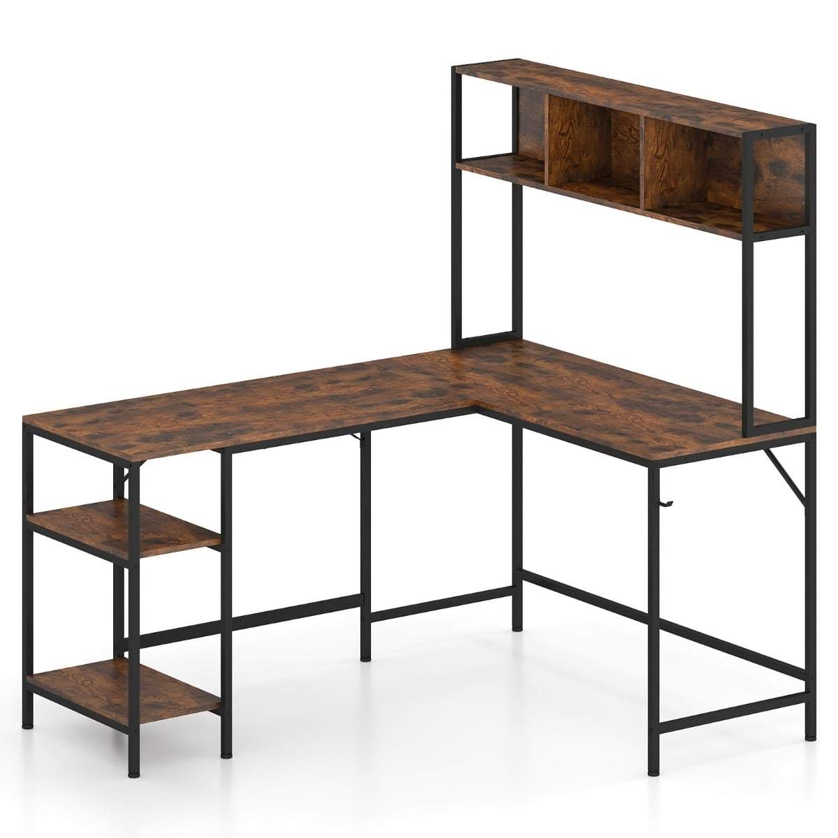 L-formet skrivebord med hylder – Rustikt brunt spillebord