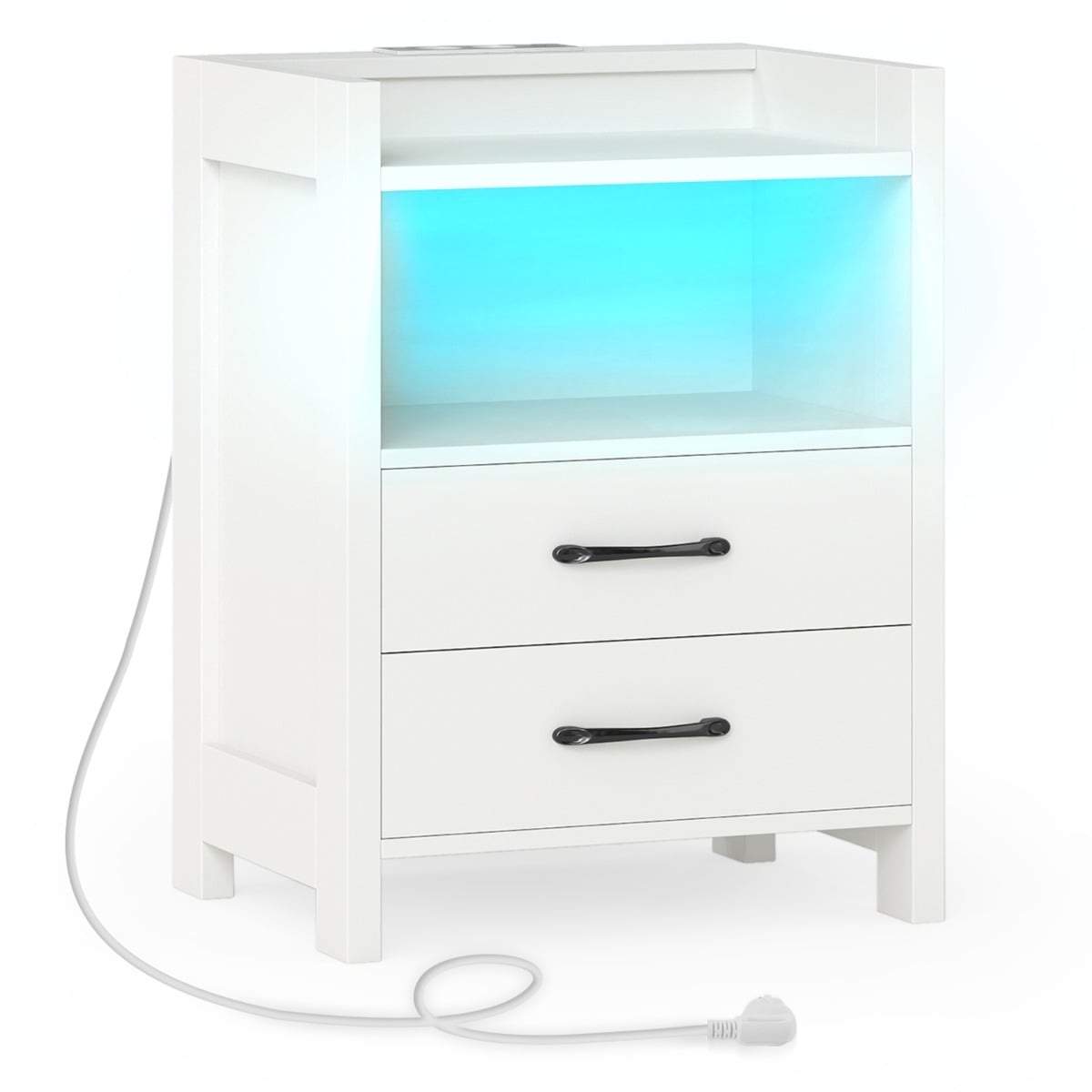 Natbord med LED-lys og ladestation – 2 skuffer, åben hylde