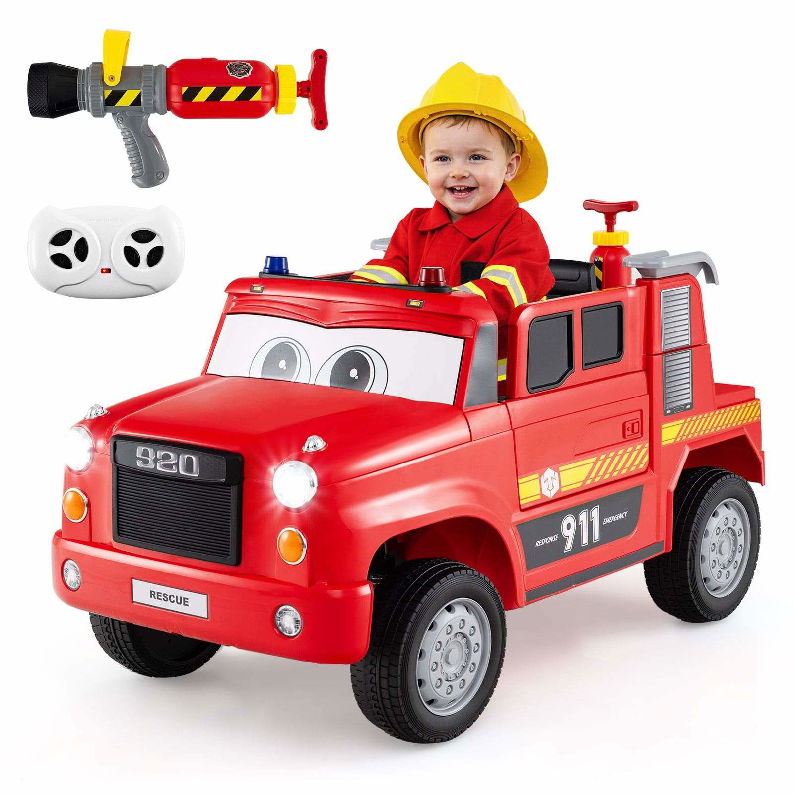 Børne 12V brandbil med fjernbetjening og vandkanon
