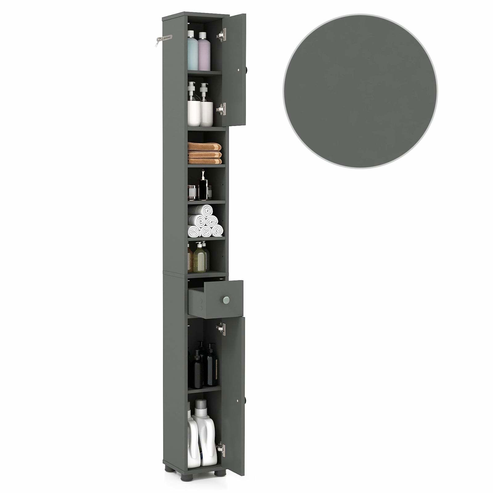 Slankt badeværelsesskab – justerbare hylder, pladsbesparende design