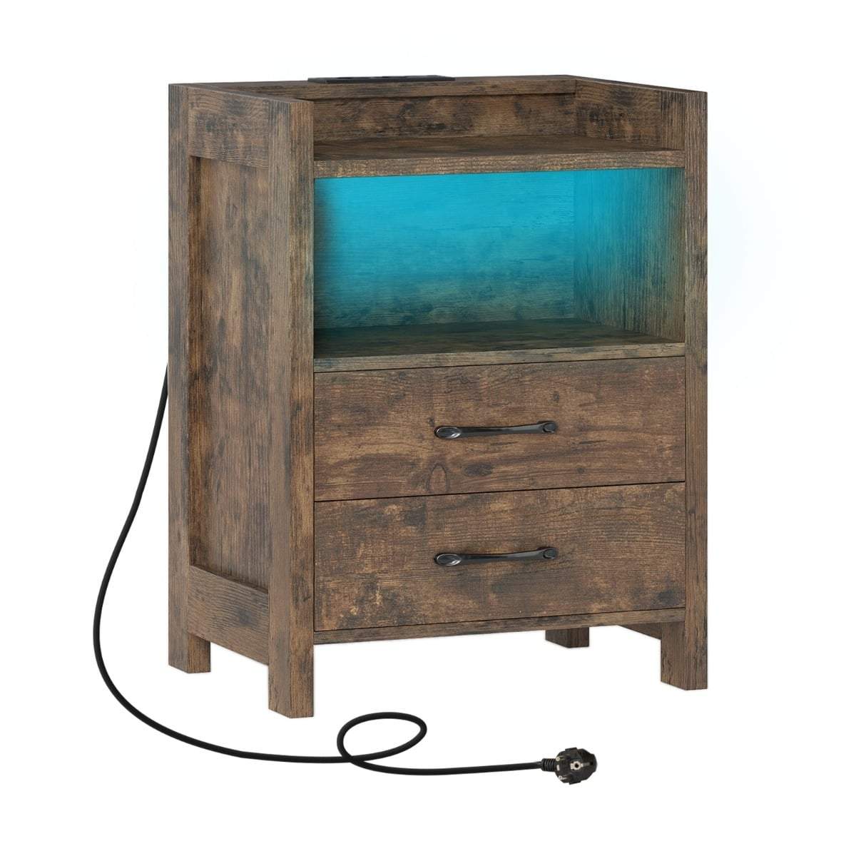 Natbord med LED-lys og ladestation – Rustik brun