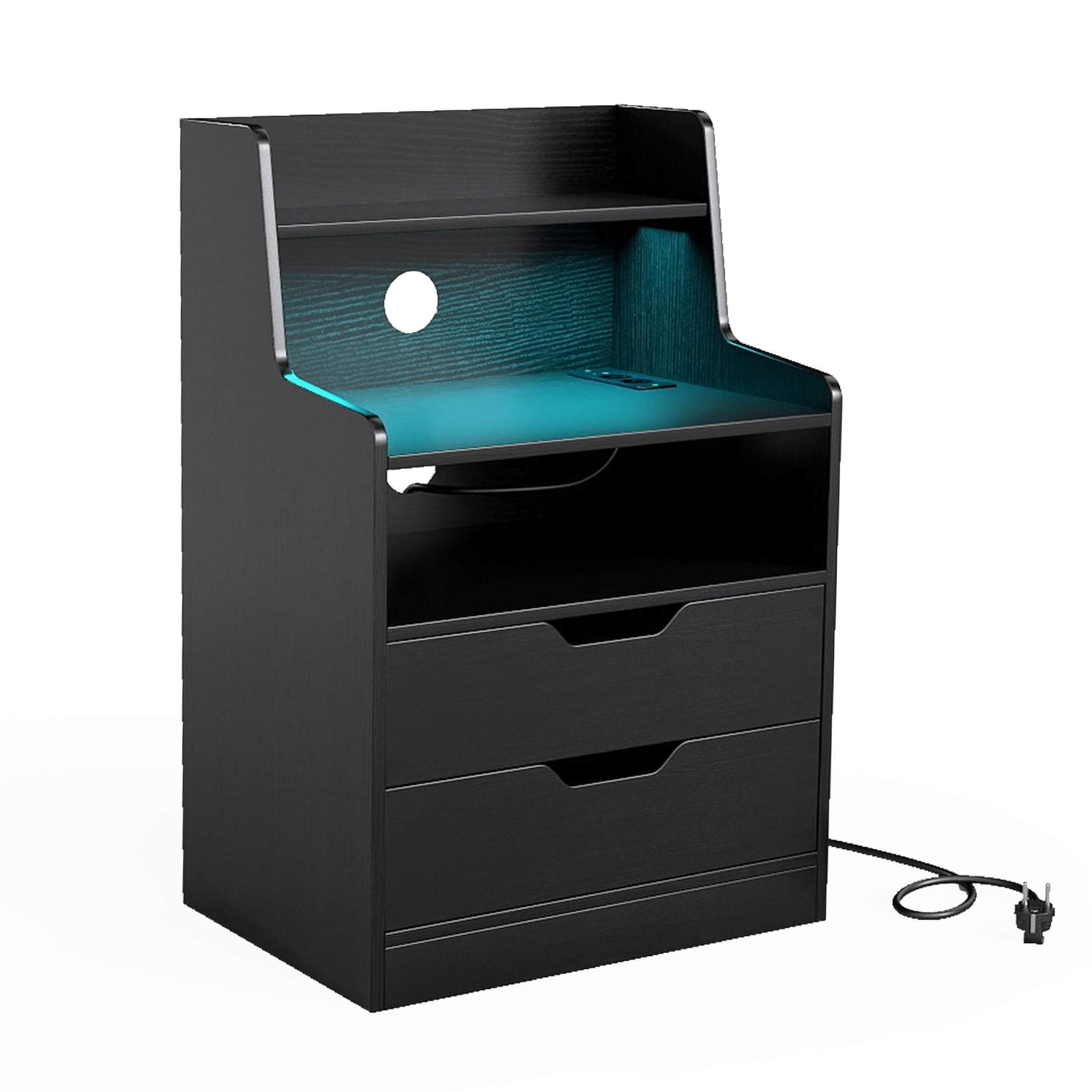 LED-natbord med ladestation og 2 skuffer – sort