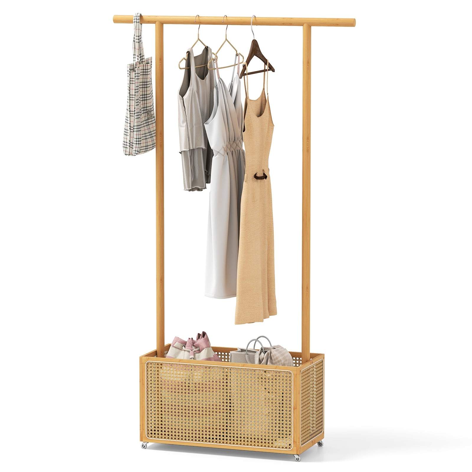 Bambu klädställning med rottingkorg och hjul – Naturfärgad | Hem & Hobby | Pryloteket