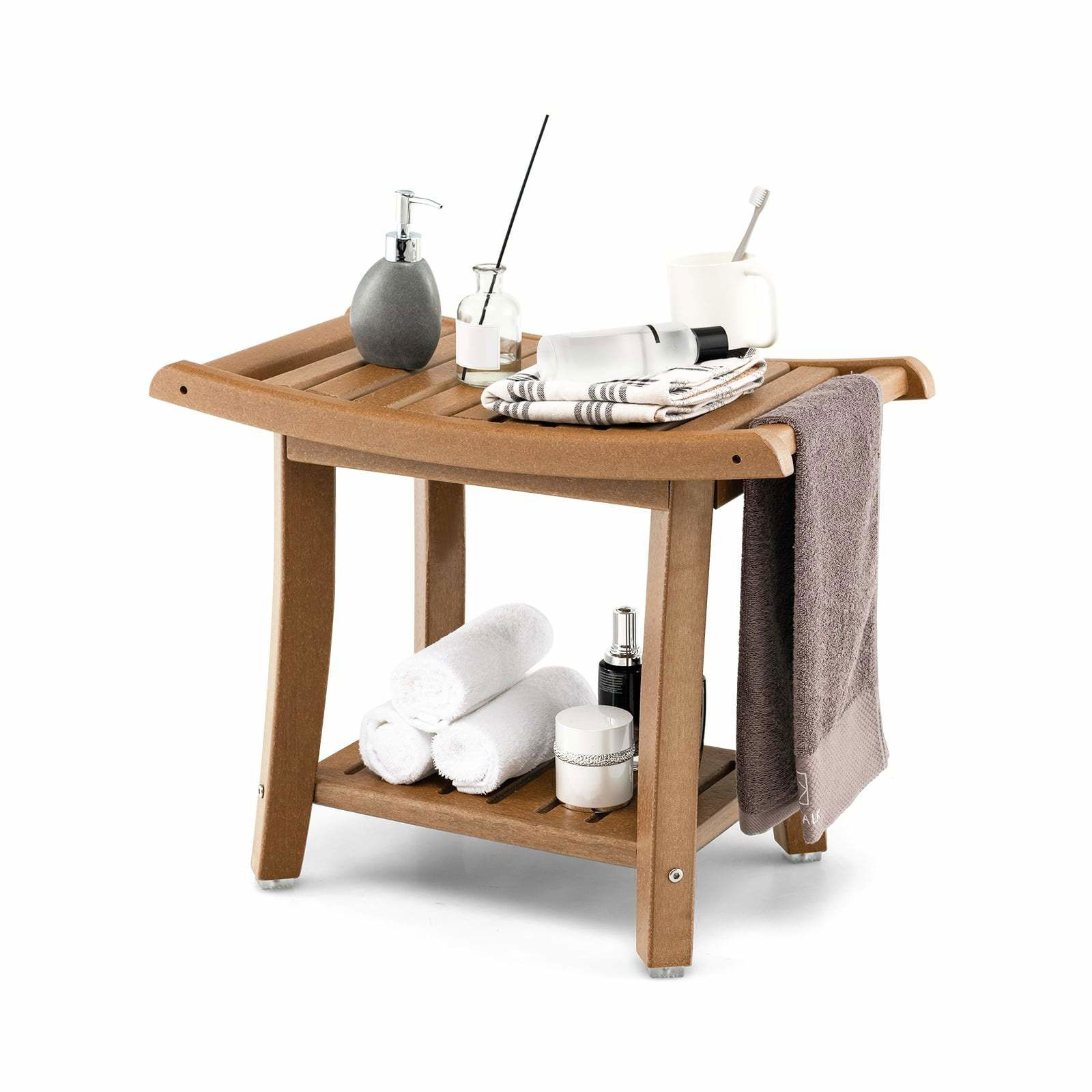 Vandtæt brusebænk med buet sæde – opbevaring i 2 niveauer