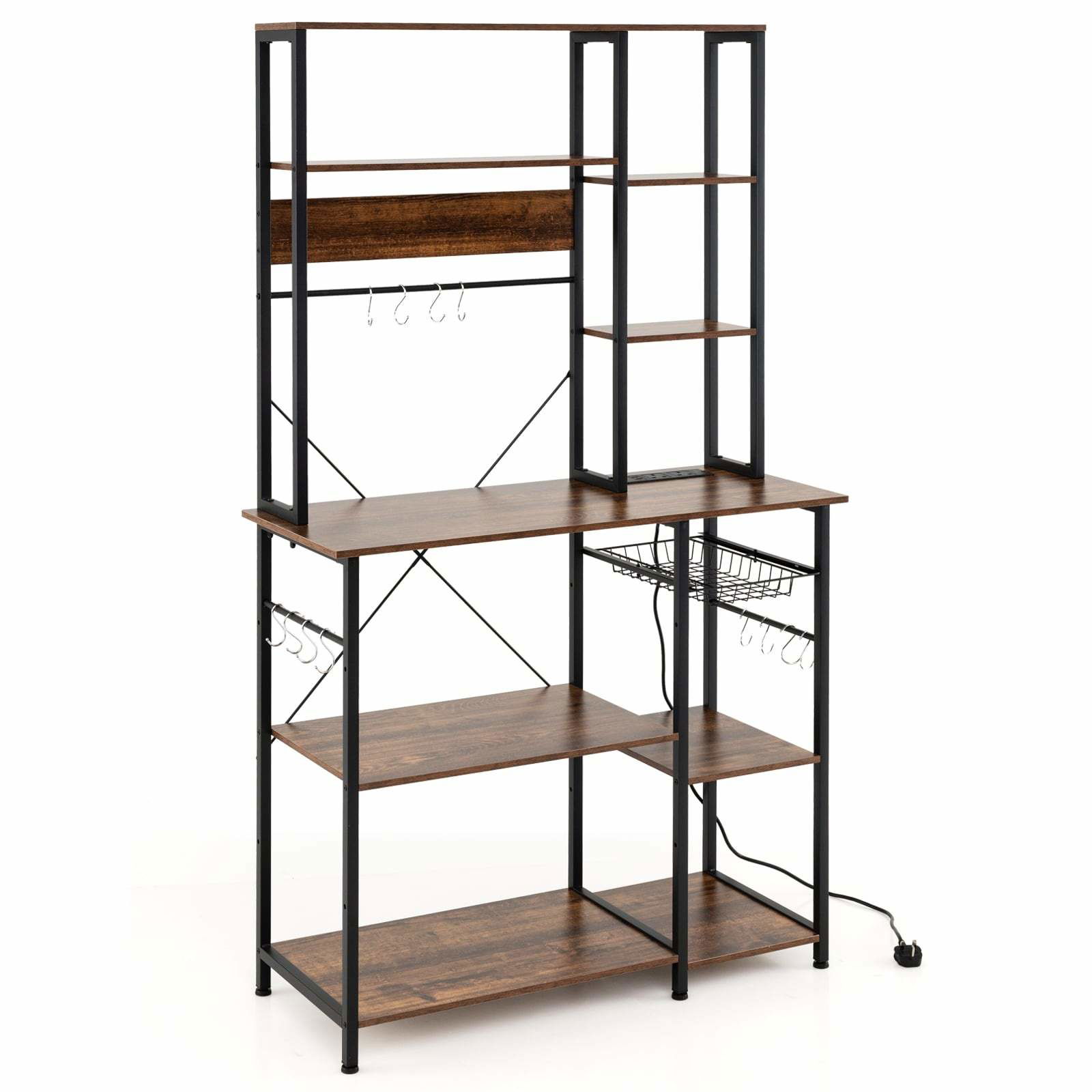 6-etagers køkkenreol med stikkontakter og trådkurv