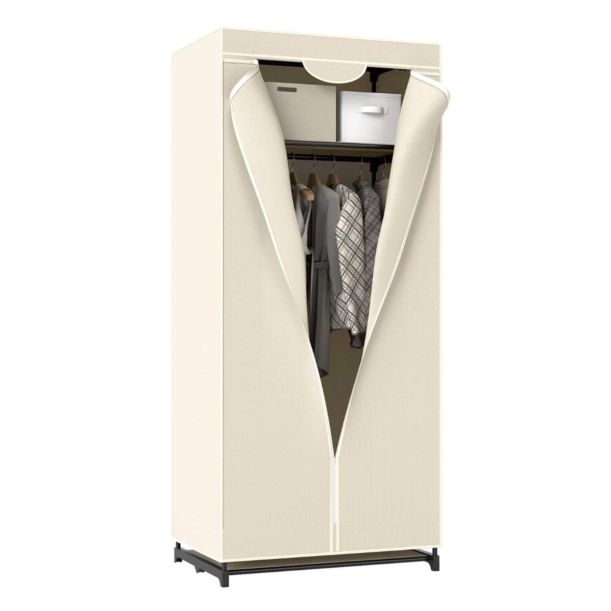 Beige stofgarderobe med hylder og bøjlestang, 75x50x170 cm