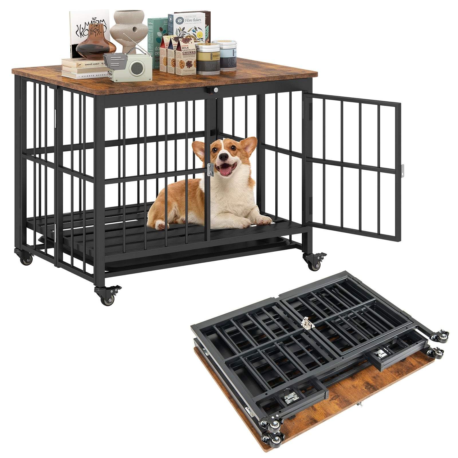 Hopfällbar hundbur med hjul och avtagbar bricka | Hem & Hobby | Pryloteket