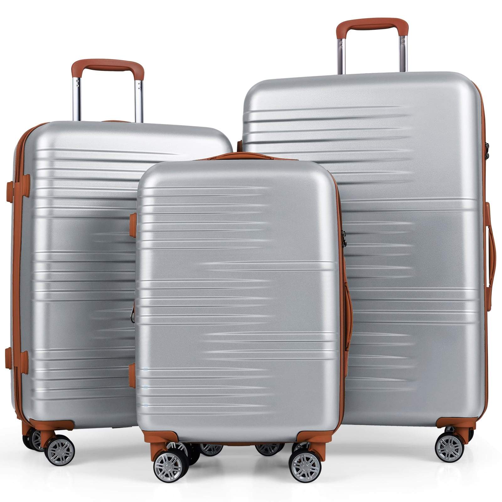 3-delat silverfärgat hårt bagageset med TSA-lås och snurrhjul | Hem & Hobby | Pryloteket