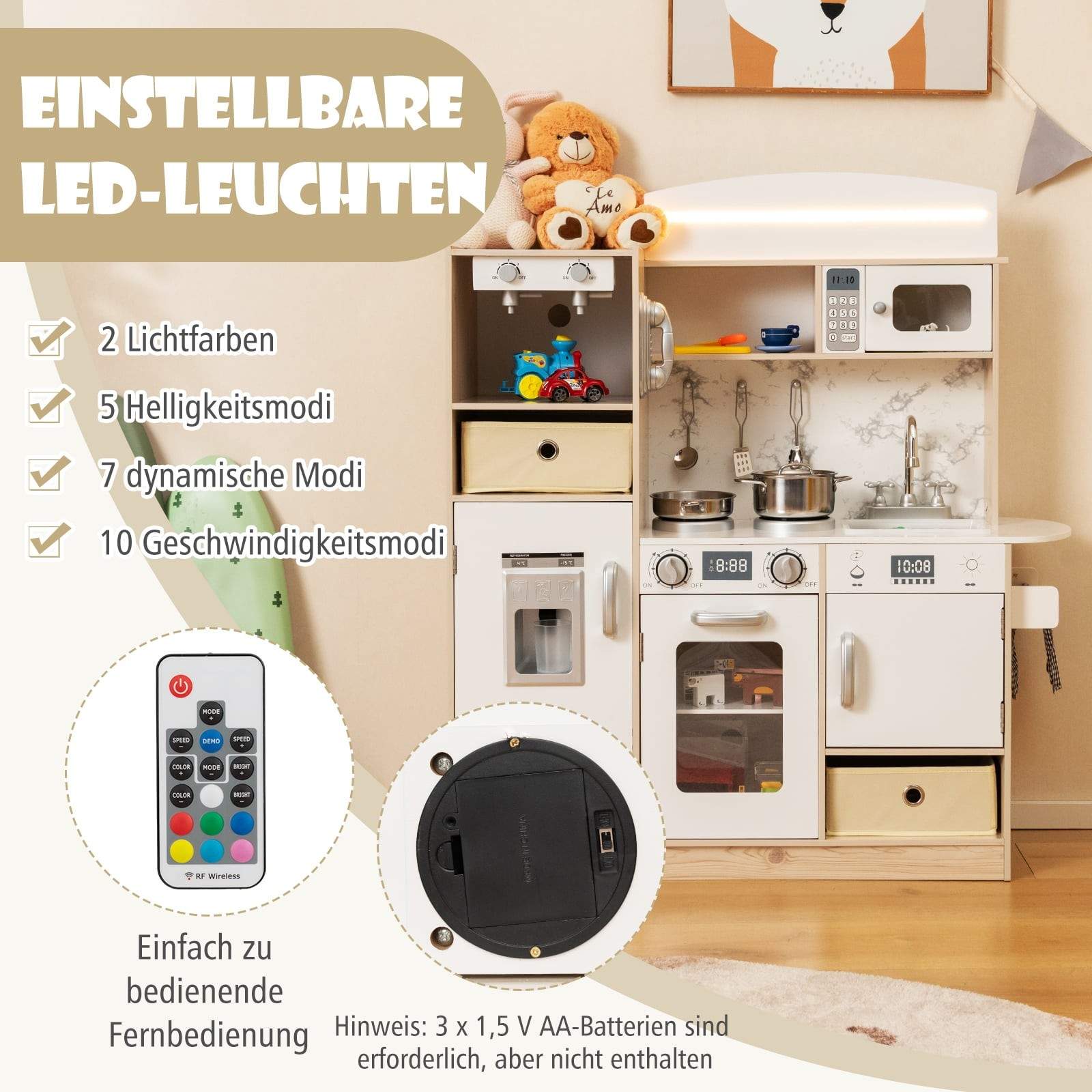 Trælegekøkkensæt med LED-lys og tilbehør