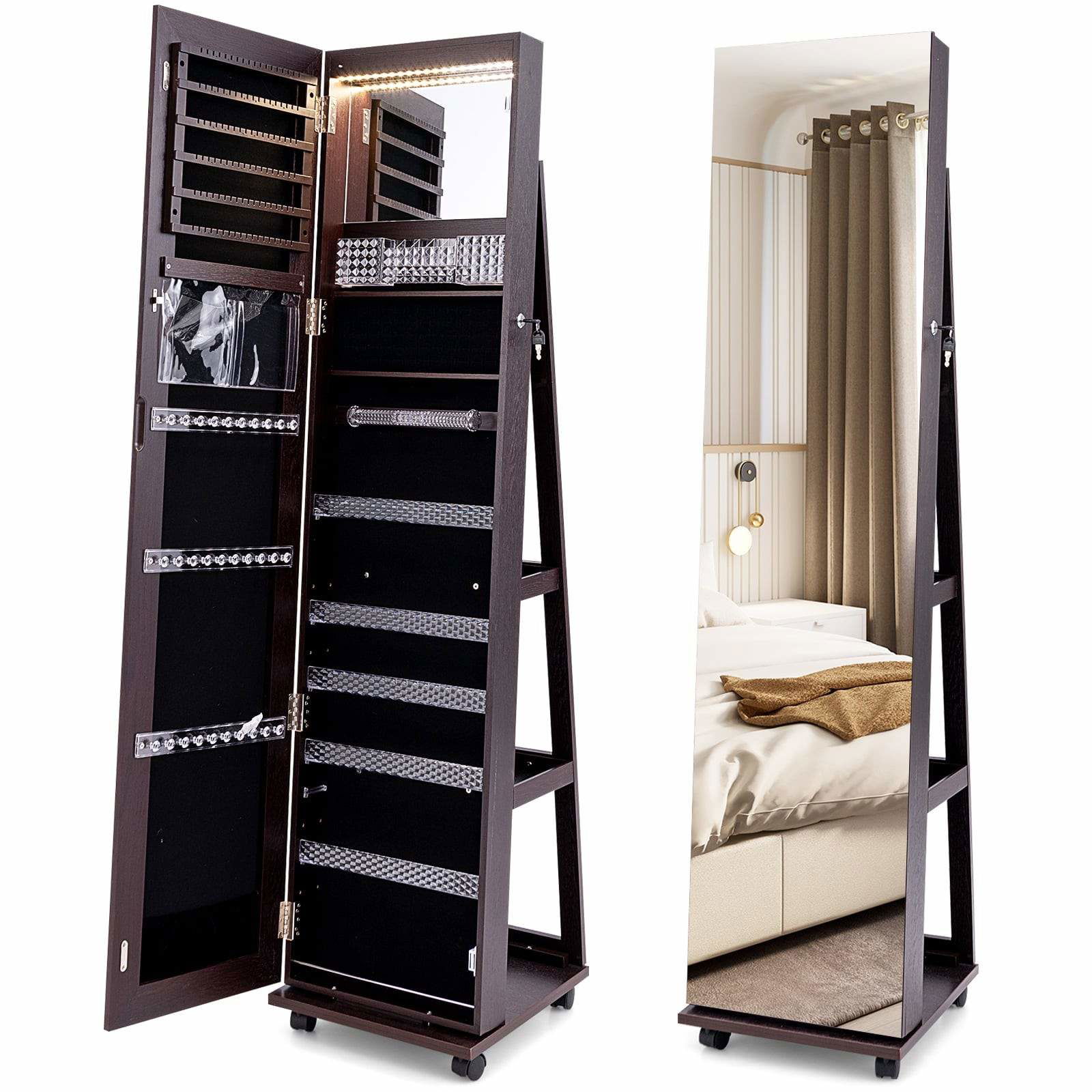 Låsbart smykkeskab med spejl og LED-lys – mørkebrun