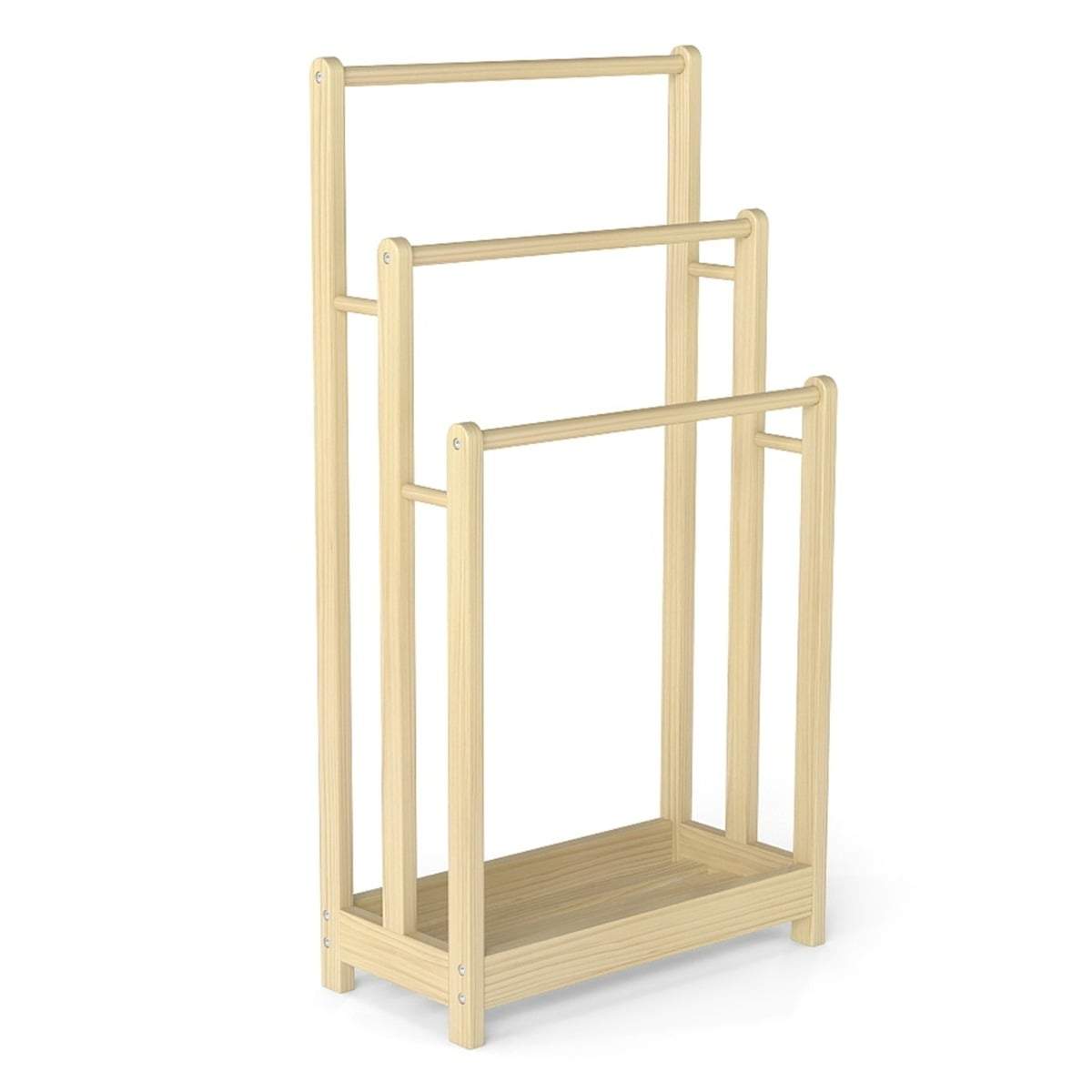 Fritstående håndklædestativ i træ – 3 stænger og hylde, anti-tippe