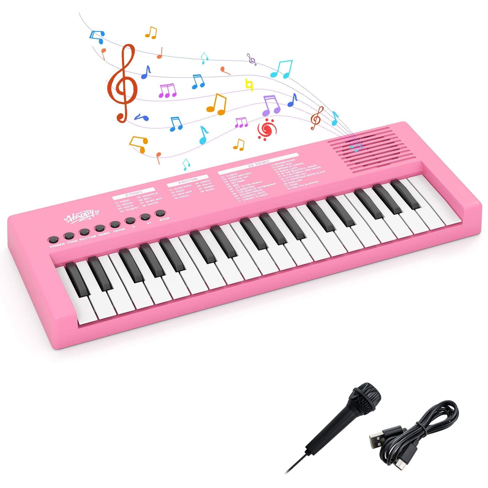 Bærbart lyserødt keyboard til børn – 37 tangenter, 8 rytmer, mikrofon inkluderet