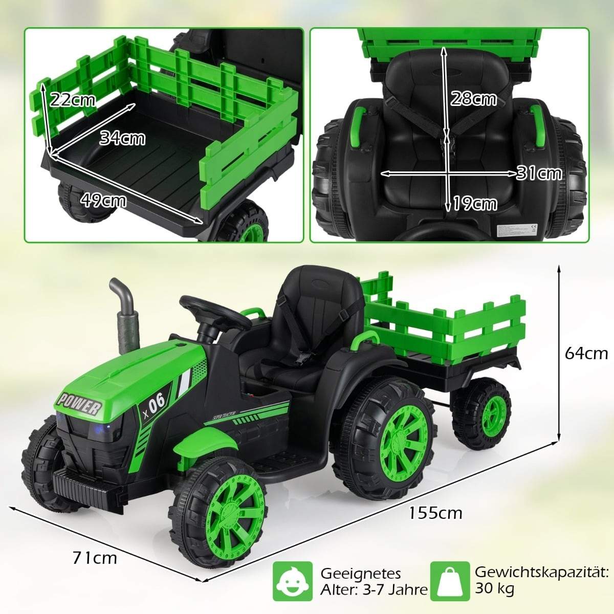 24V børne elektrisk traktor med trailer og LED-lys