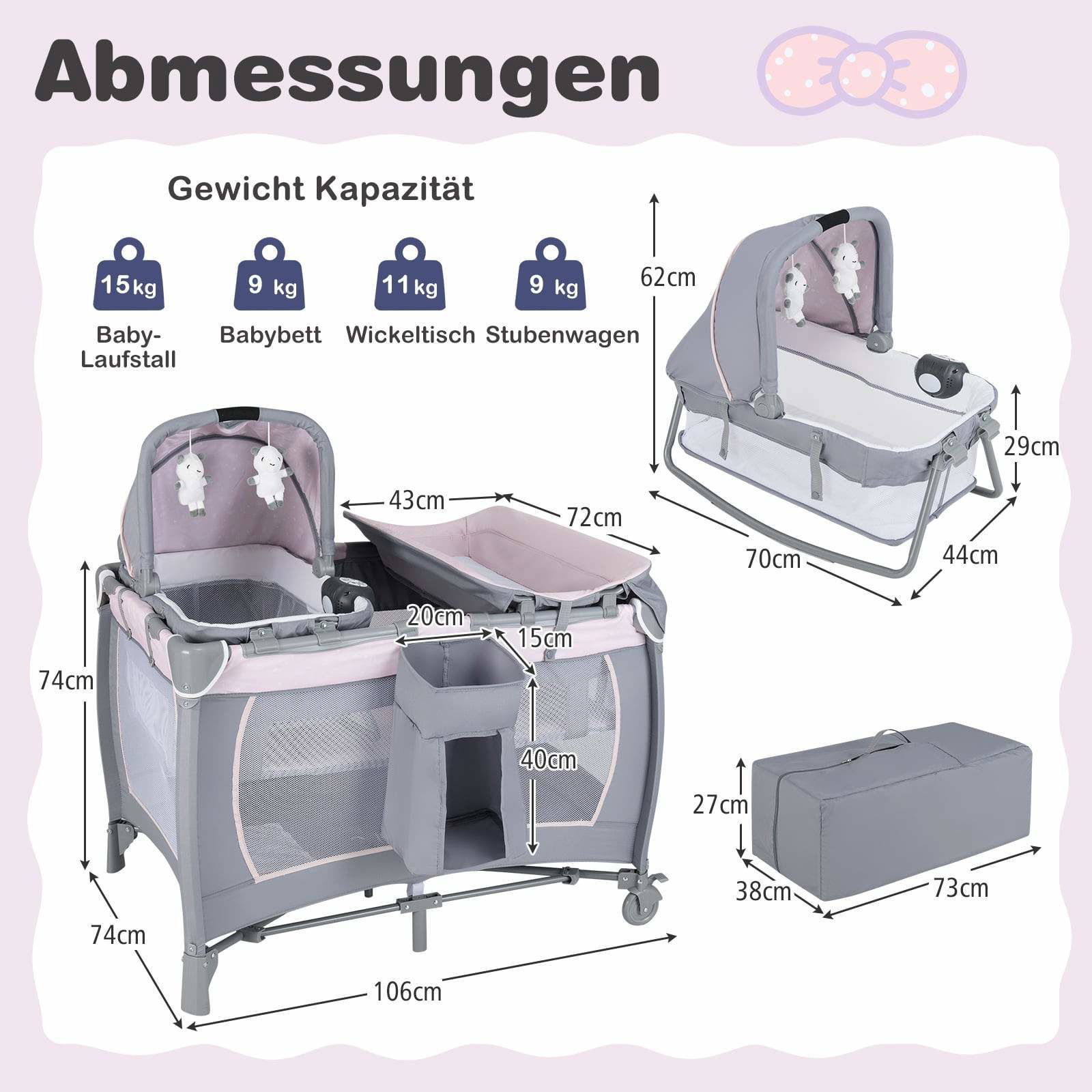 Bærbar 5-i-1 babyseng og kravlegård med spilledåse