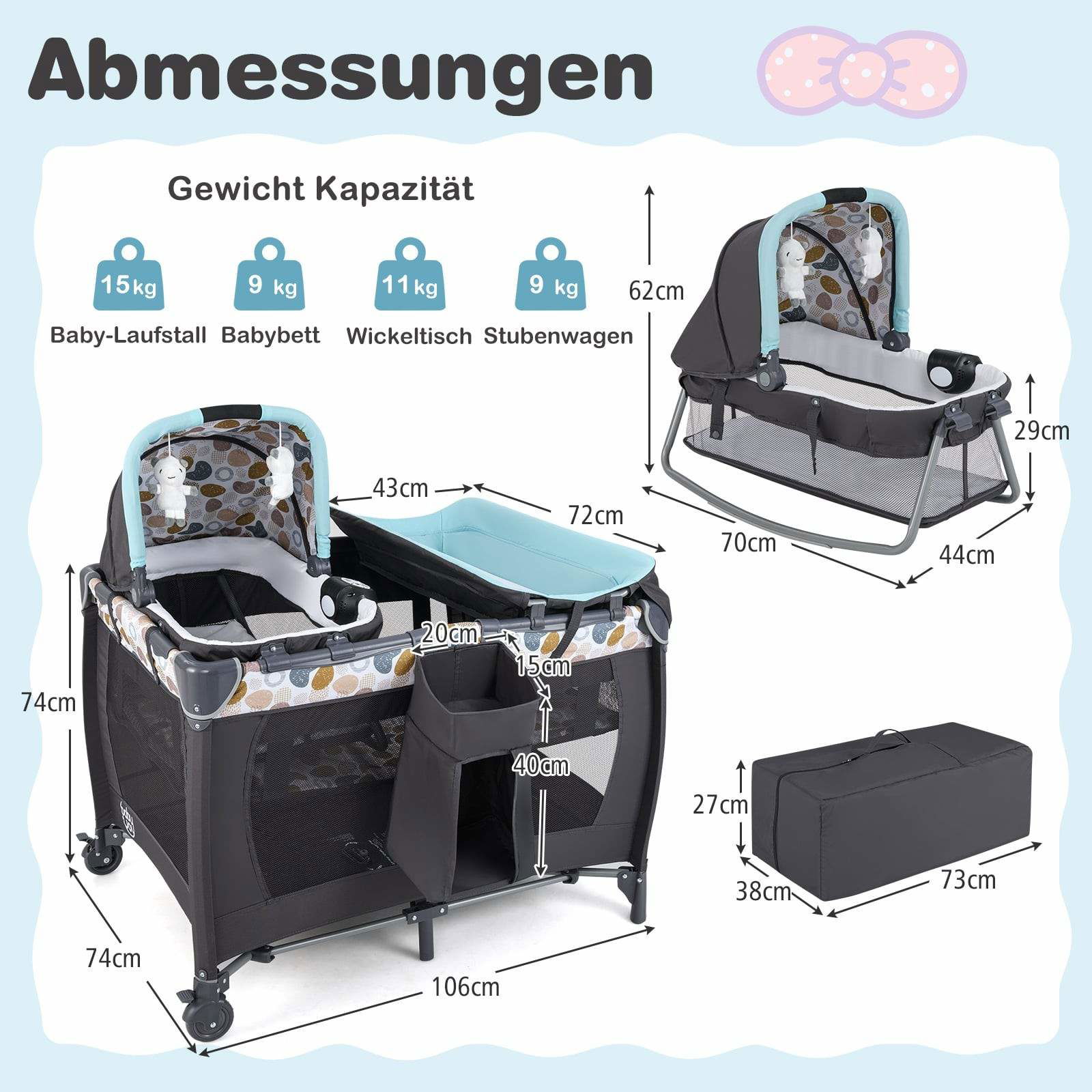 Bärbar 5-i-1 spjälsäng och lekhage med speldosa, blå | Hem & Hobby | Pryloteket