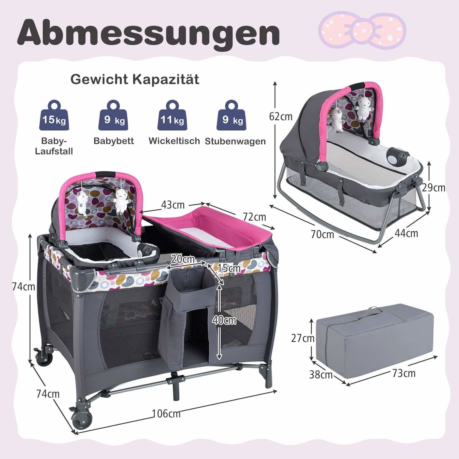 Bærbar 5-i-1 babyrejseseng med vugge og kravlegård