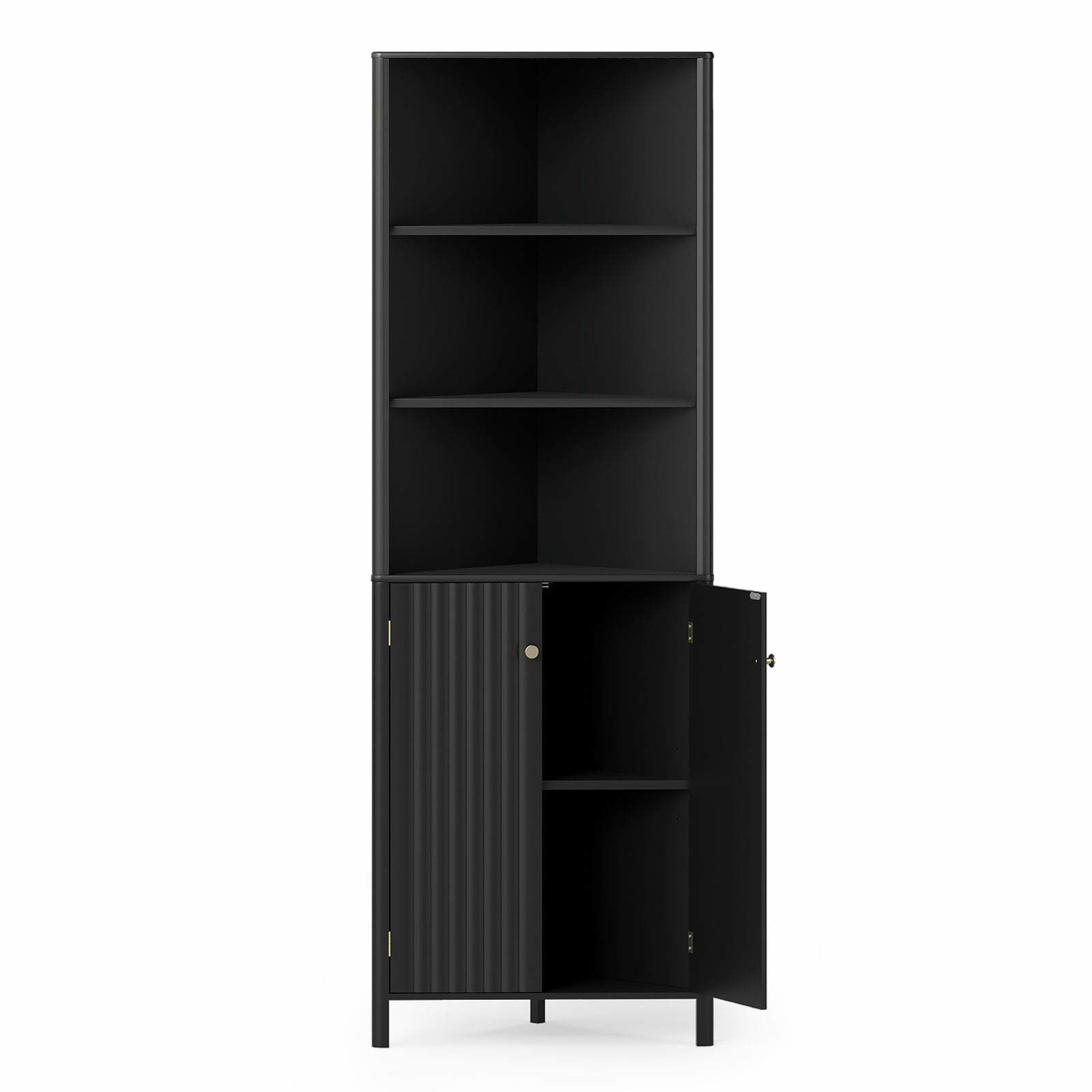 Sort hjørneskab med justerbare hylder – pladsbesparende design