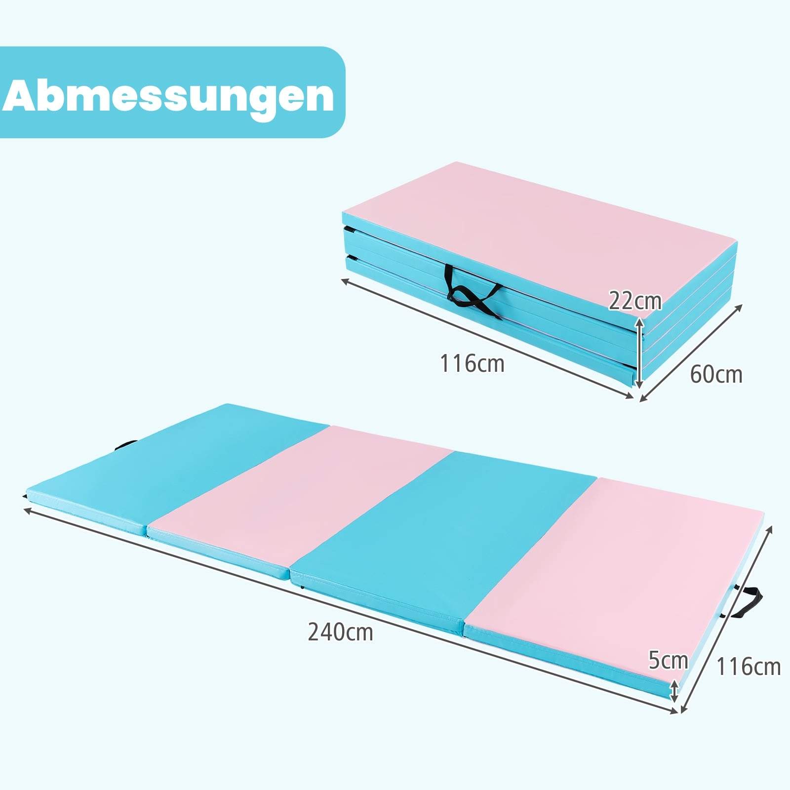 Sammenklappelig gymnastikmåtte, skridsikker, 240x120 cm, blå/lyserød