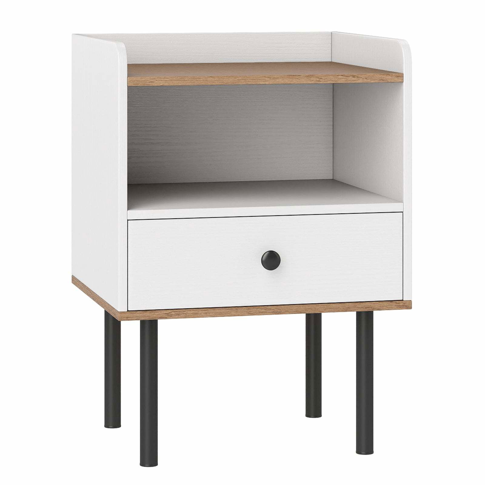 Hvidt natbord med skuffe og åben hylde – Moderne design