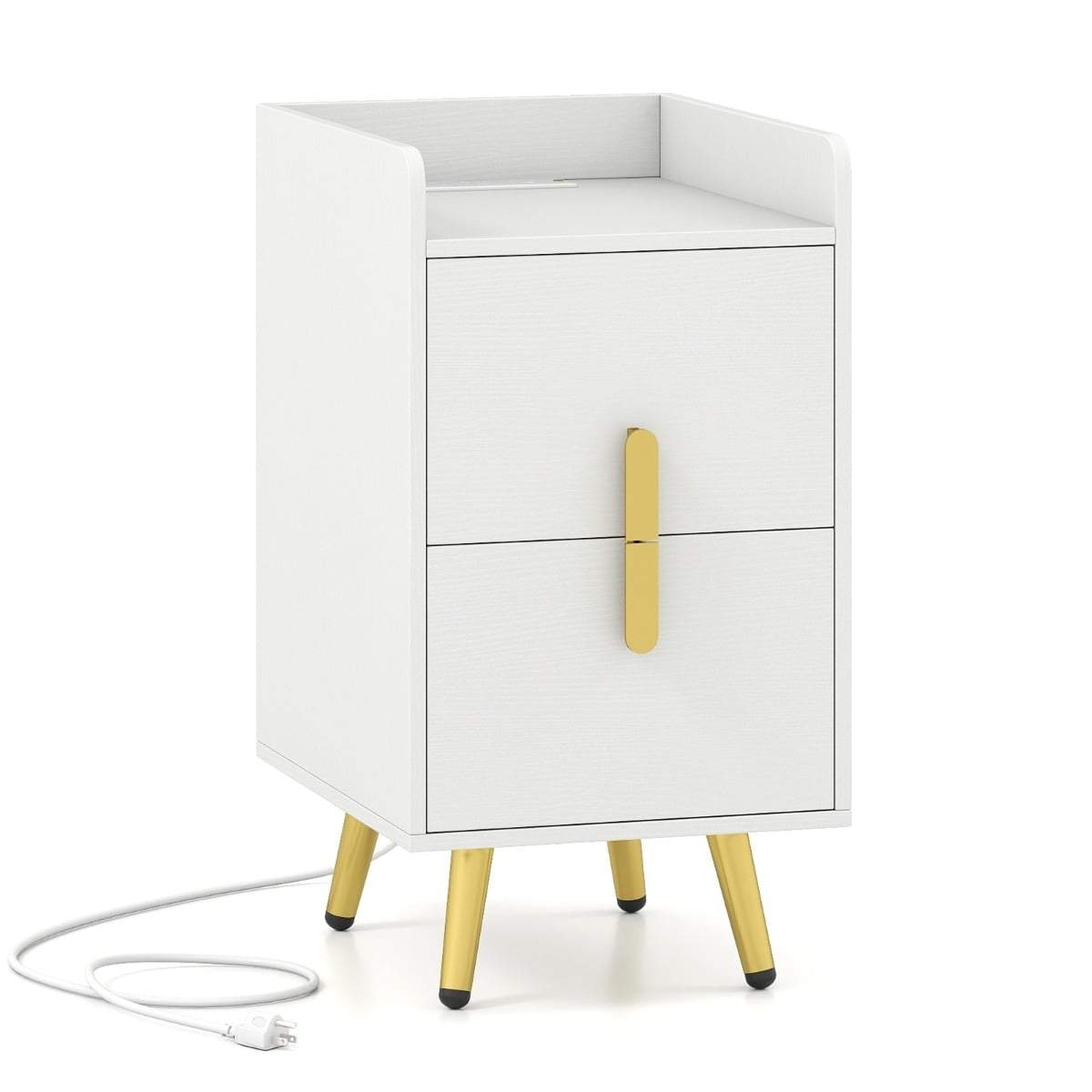 Natbord med ladestation – 2 skuffer, metalben, hvid