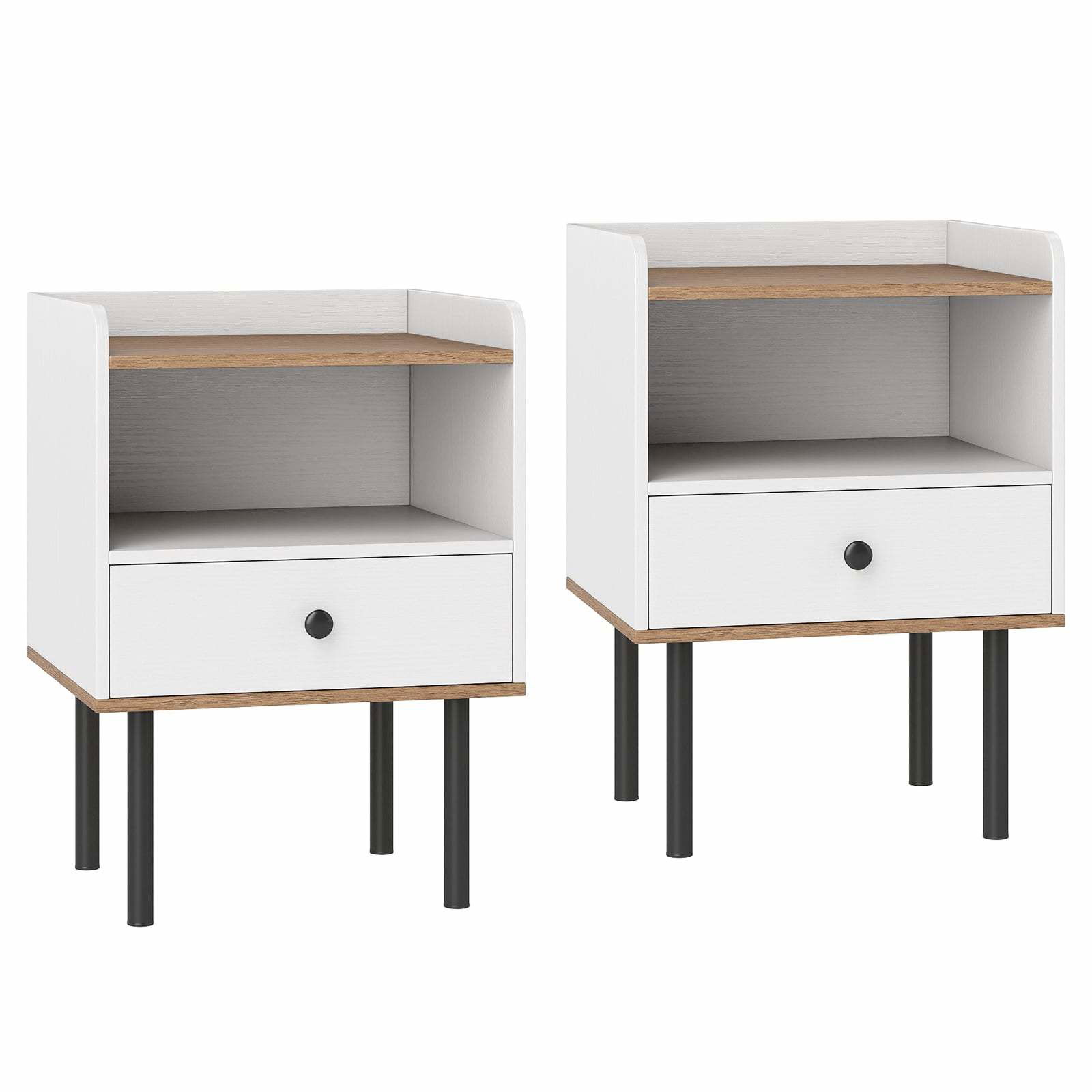 Hvidt natbordssæt med skuffe og åben hylde – Moderne design