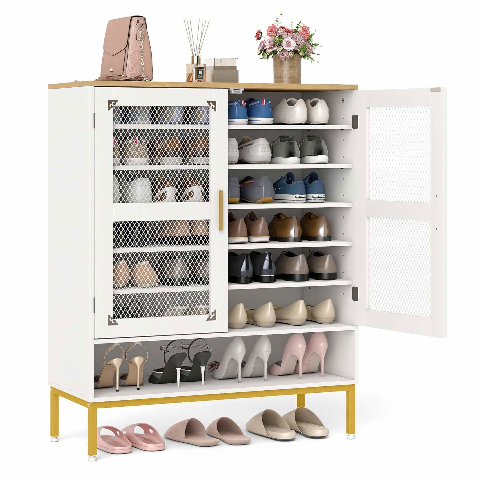 Vitt skoskåp i trä med justerbara hyllor och nätdörrar | Hem & Hobby | Pryloteket