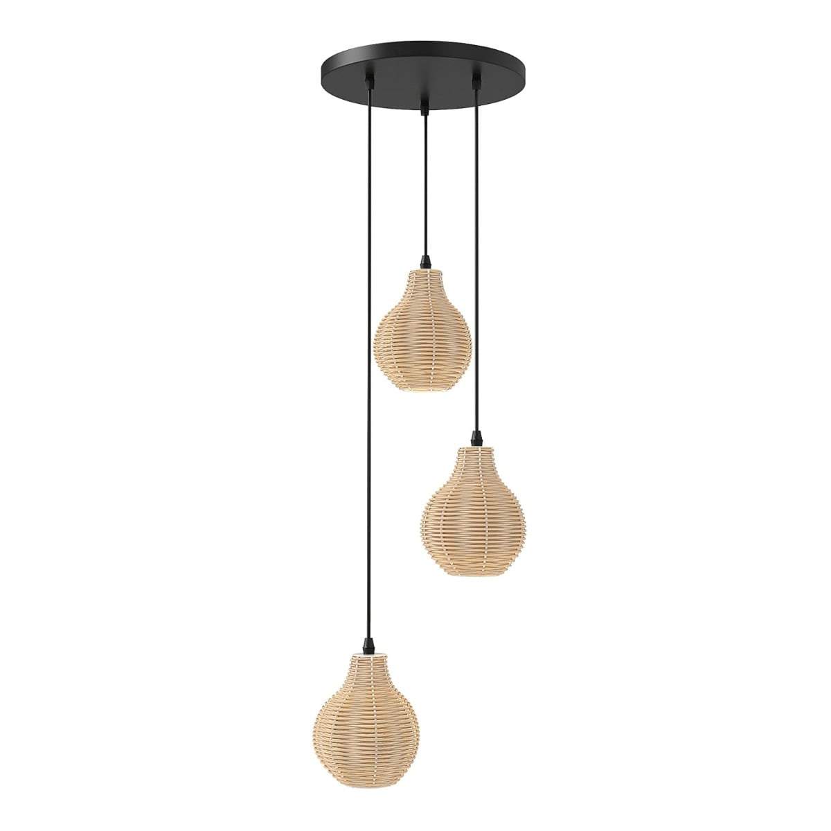 Justerbar boho rattan pendellysekrone med 3 lys