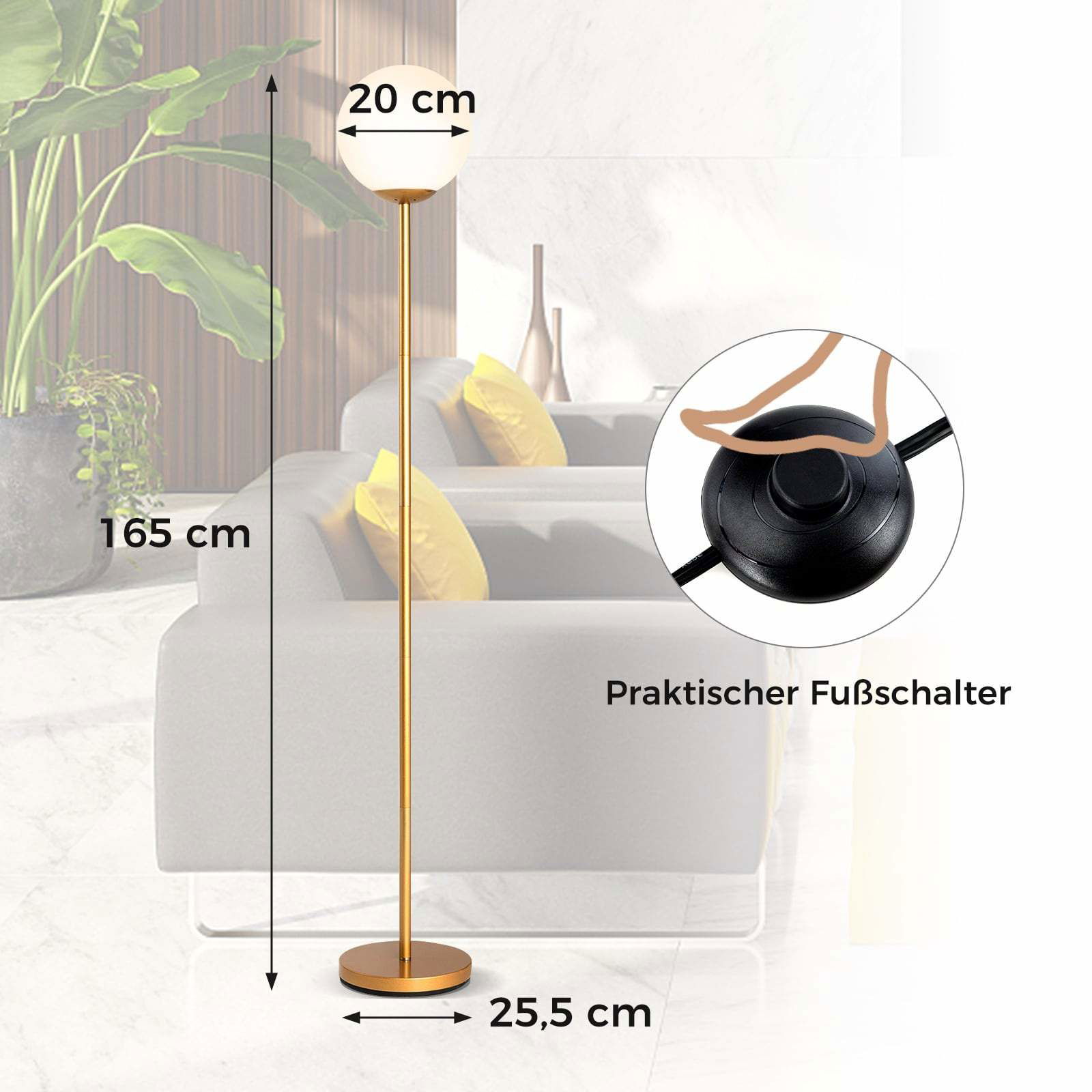 Moderne gulvlampe – glasskærm, guldfinish, 165 cm høj