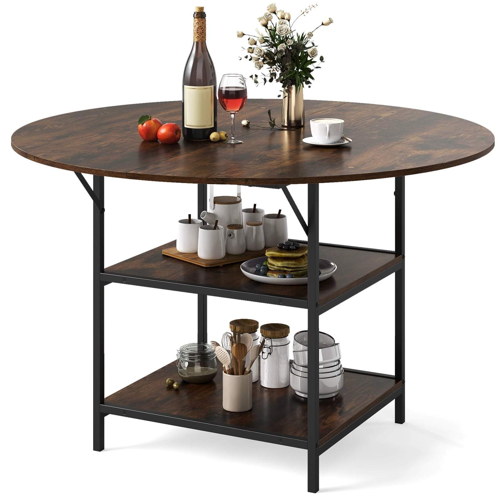 Rundt spisebord, 120 cm, 2-lags hylde og metalstel